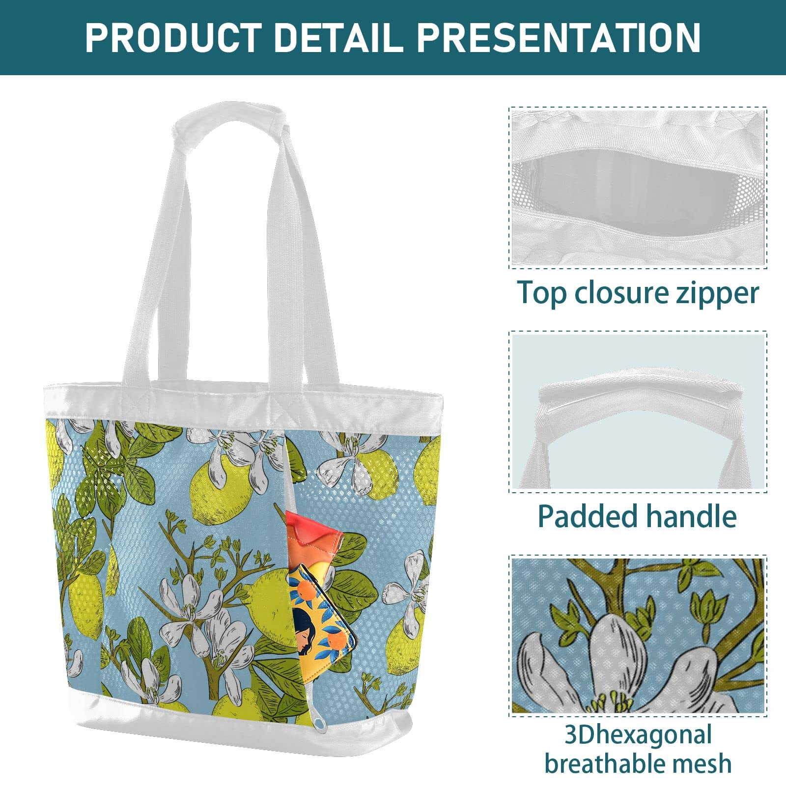 J JOYSAY Large Mesh Beach Tote Bag for Women - Vector Drawn Citrus Seamless Pattern Design - Perfect for Pool, Yoga, Dance & Seaside - Lightweight Carry On Bag for Summer Travel & Outdoor Activities