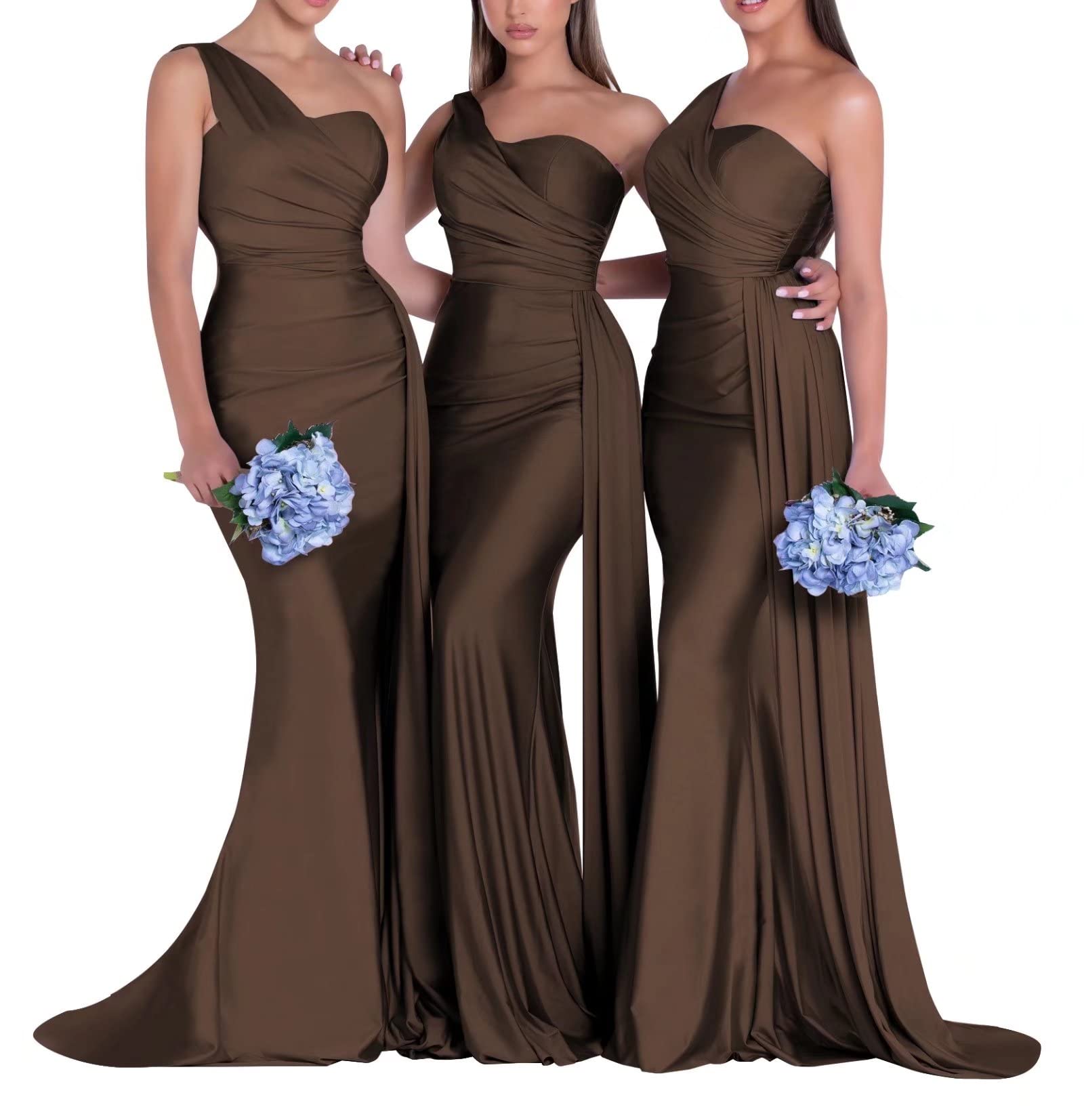 Elegant Mermaid One Shoulder Bridesmaid Dress for Wedding - Bodycon Ruched Prom Gown with Long Train - Perfect for Formal Events, Evening Parties & Special Occasions