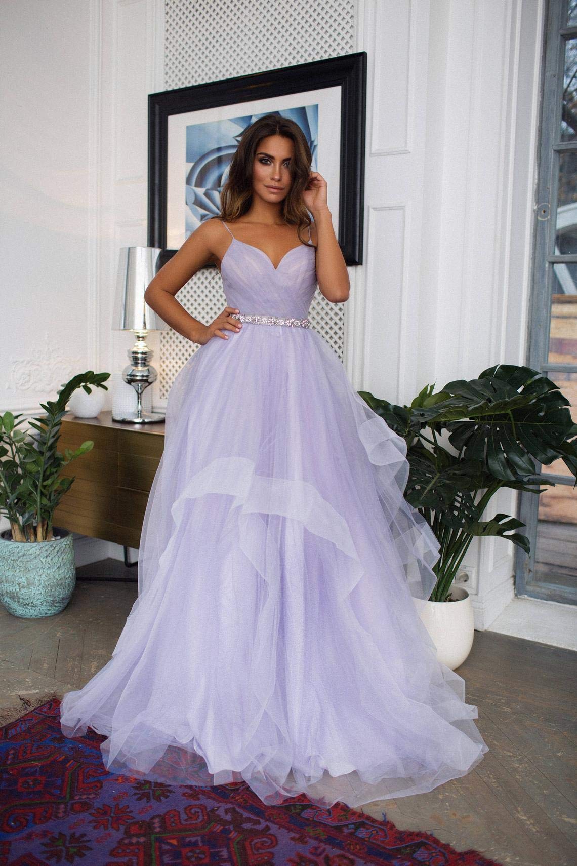 Elegant V-Neck Tulle Prom Dress with Long Spaghetti Straps | Sparkly Ball Gown Formal Evening Dress in Blush Pink | Size 12 | Perfect for Homecoming, Prom Night & Special Occasions