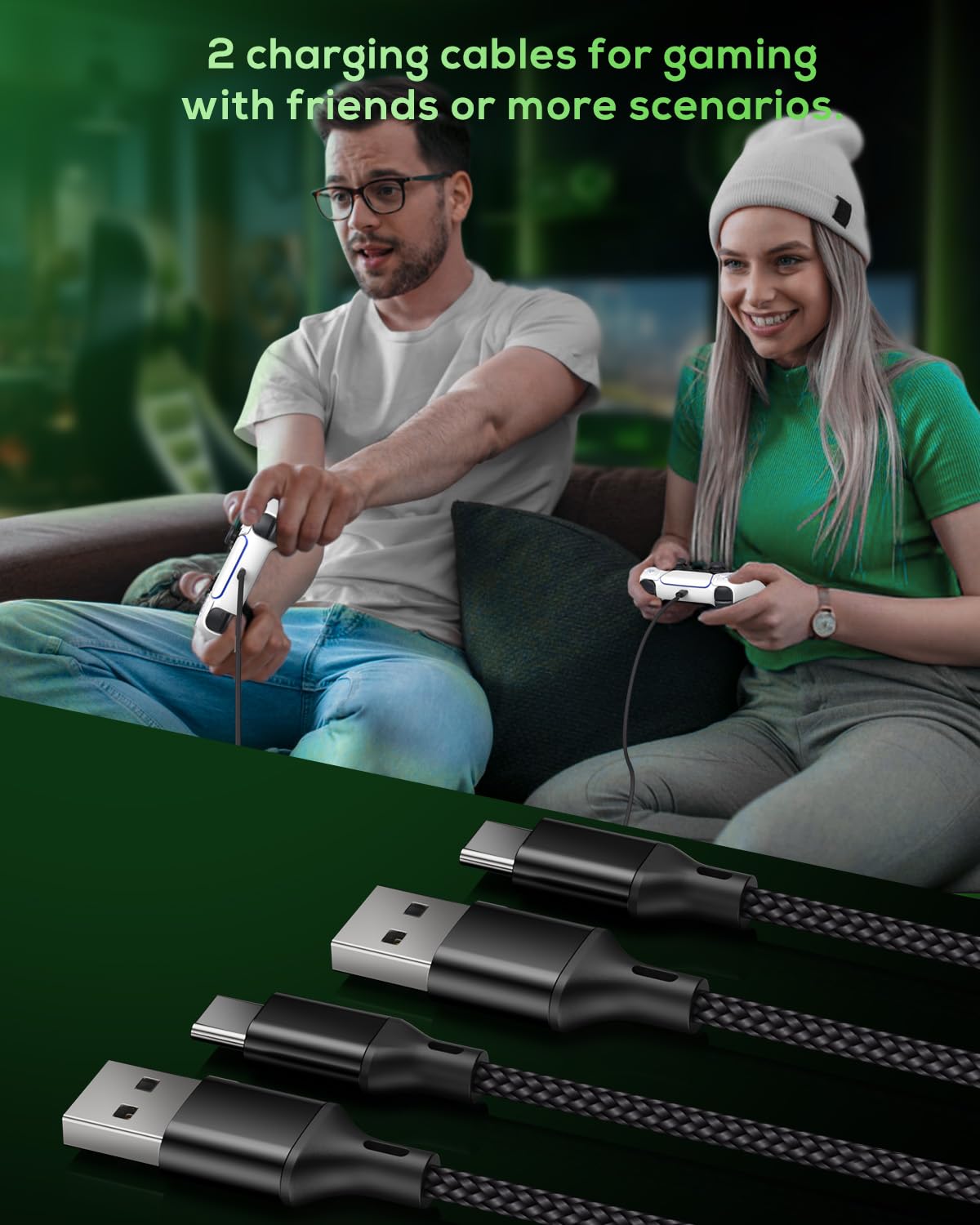 Premium 10FT Nylon Braided USB-C Charging Cable 2-Pack for PS5/PS5 Pro/Xbox Series X/S/Nintendo Switch - Durable Fast Charging Cord for Gaming Controllers - Perfect for Long Gaming Sessions & Couch Play (Black)