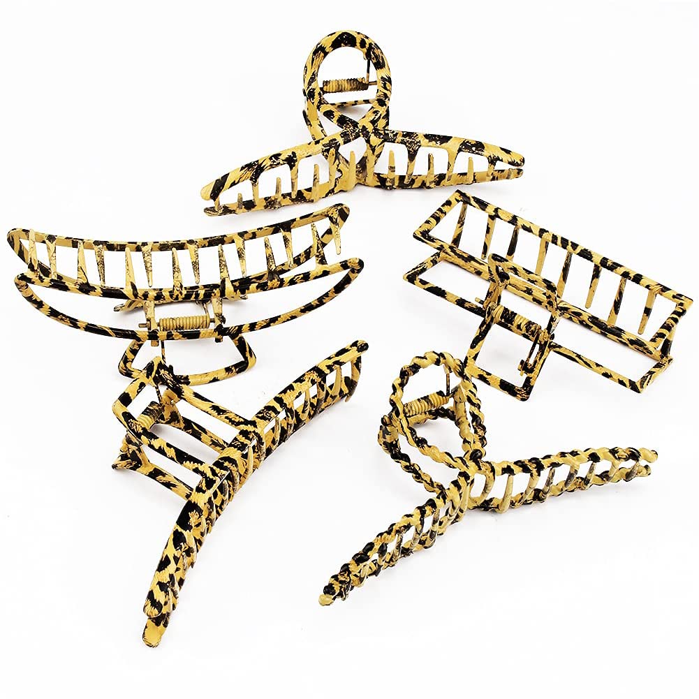 Magik 5-10 Pack Jumbo Metal Hair Claw Clips - Extra Large Strong Hold Hair Clips for Thick Hair, Non-Slip Grip (10 Pack, Leopard Print) - Perfect for Updos, Ponytails & Everyday Hairstyles