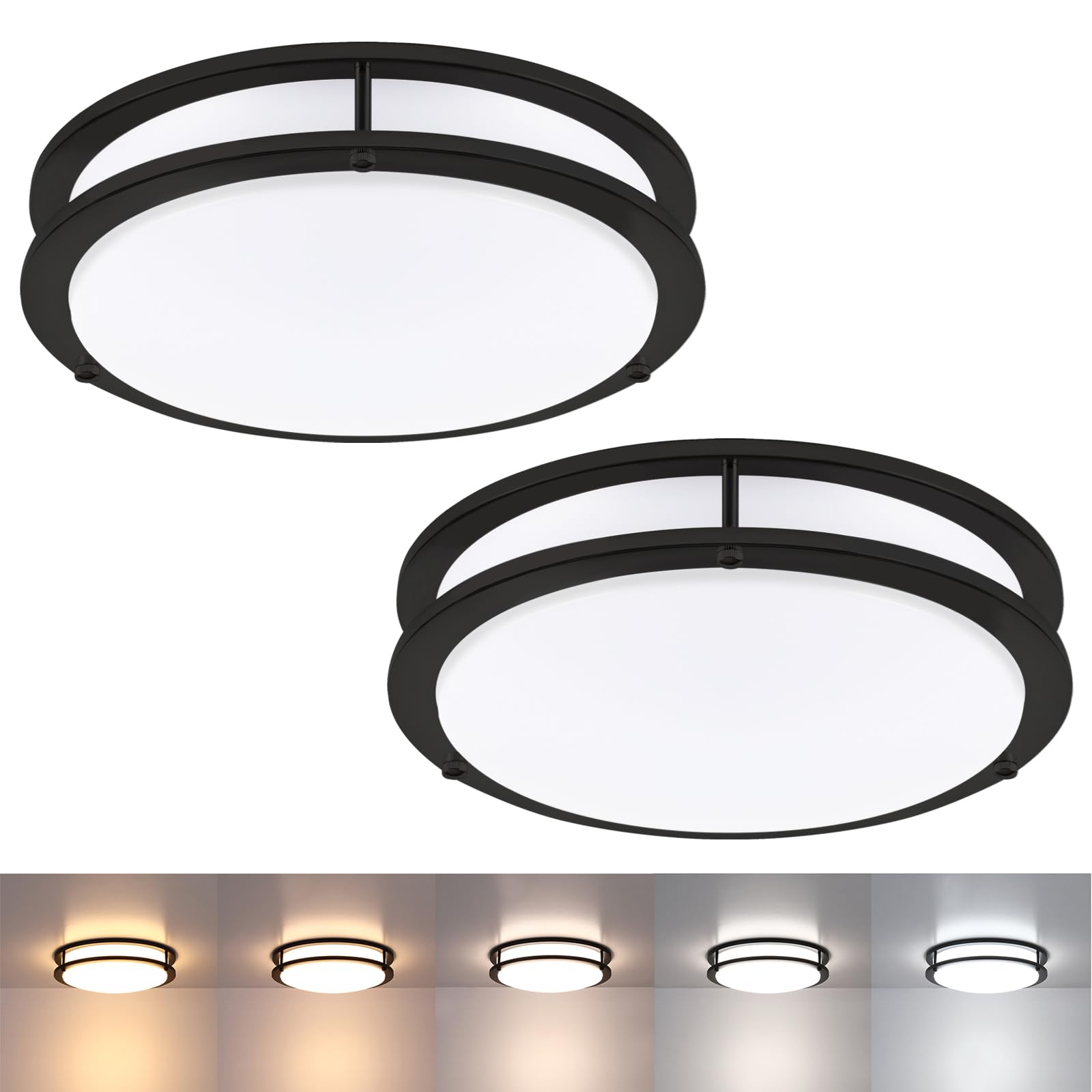 2 Pack Black Flush Mount LED Ceiling Light - 13 Inch Modern Round Fixture with 5 Adjustable Color Temperatures (2700K-5000K), 23W Energy Saving - Perfect for Kids Bedroom, Nursery, Hallway & Closet Lighting