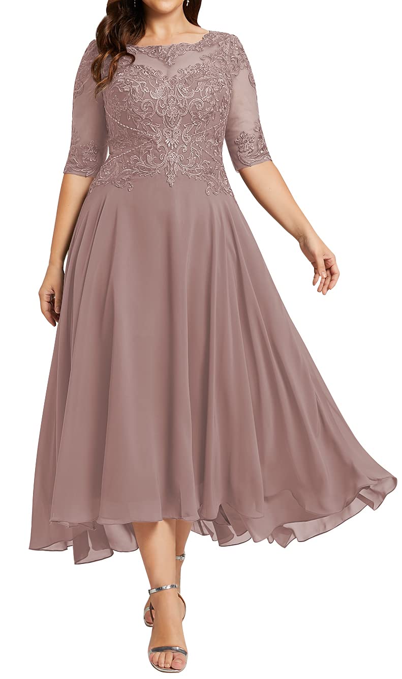 Elegant Tea-Length Mother of the Bride Dress - A-Line Chiffon Lace Evening Gown with Sleeves for Weddings, Receptions & Formal Occasions