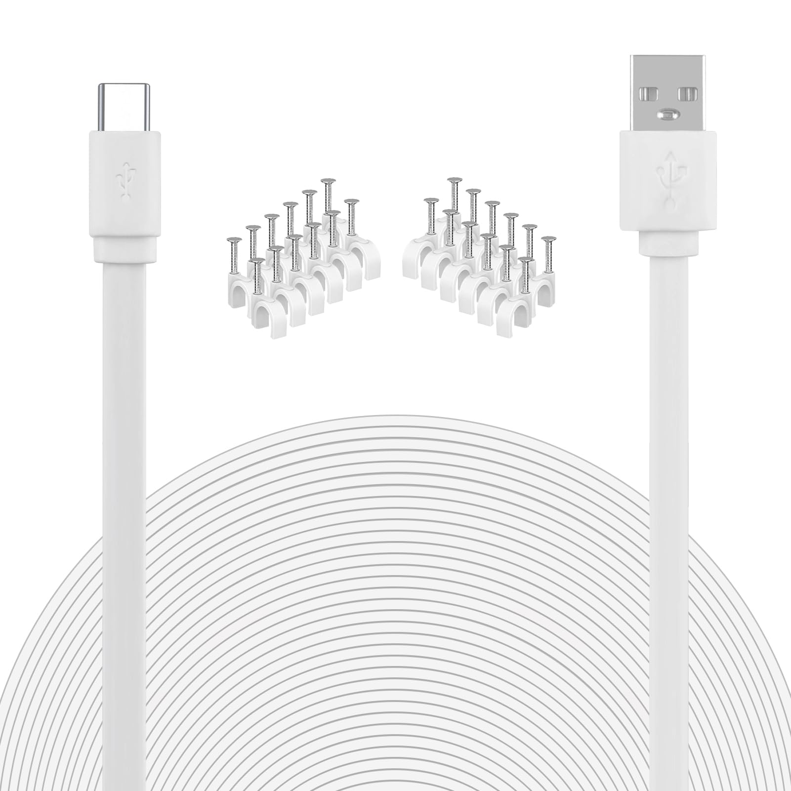 33FT USB to USB C Cable for Security Camera - 10M Flat Long Type C Charging Cord & Power Extension Wire - Compatible with Yi Home CCTV, Outdoor/Indoor Waterproof Cameras (White) - Perfect for Home Security Systems, Surveillance Setup & IP Camera Installation