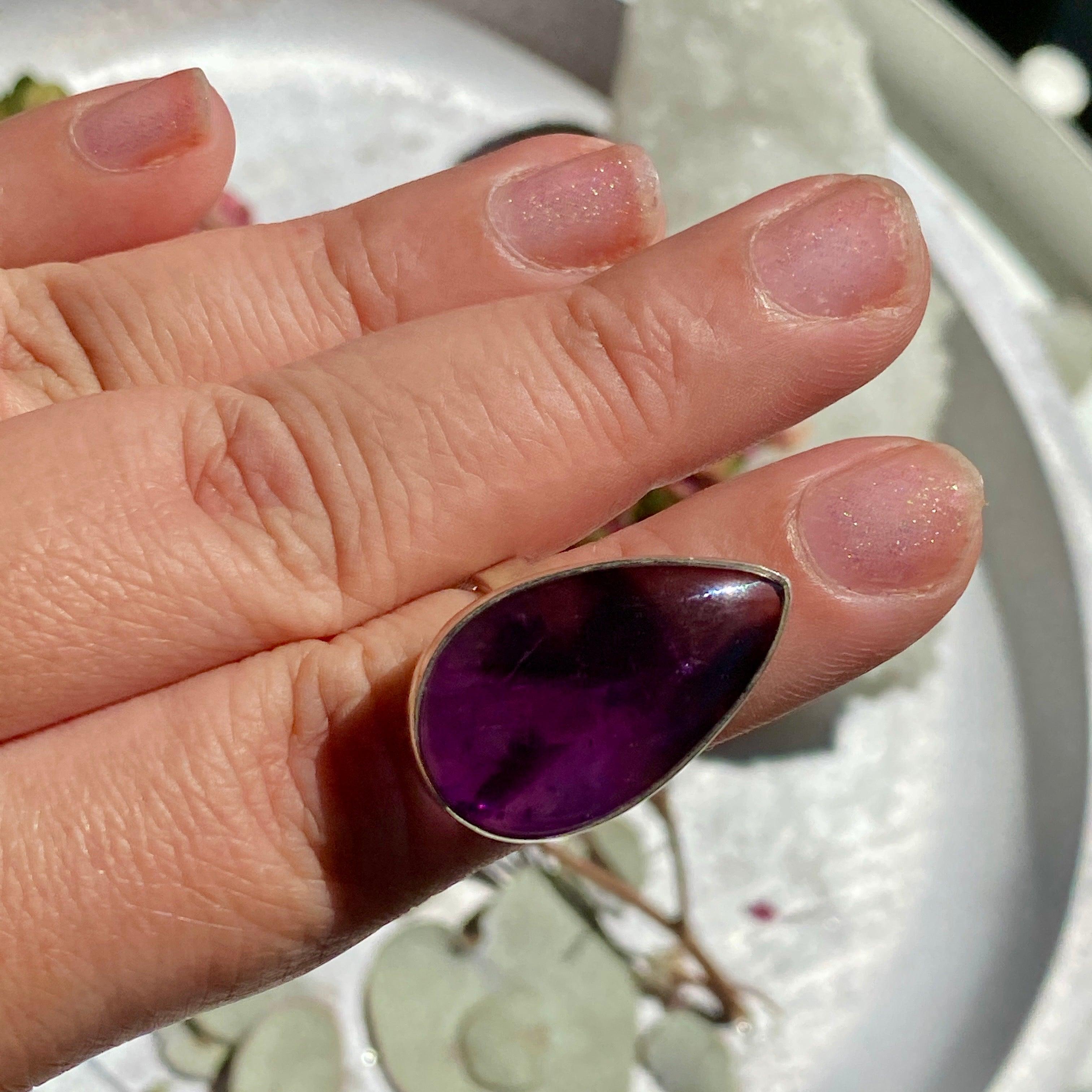 Amethyst Teardrop Cabochon Ring - Size 6 - Sterling Silver 925 - Elegant Purple Gemstone Jewelry for Women - Perfect for Weddings, Parties & Everyday Wear