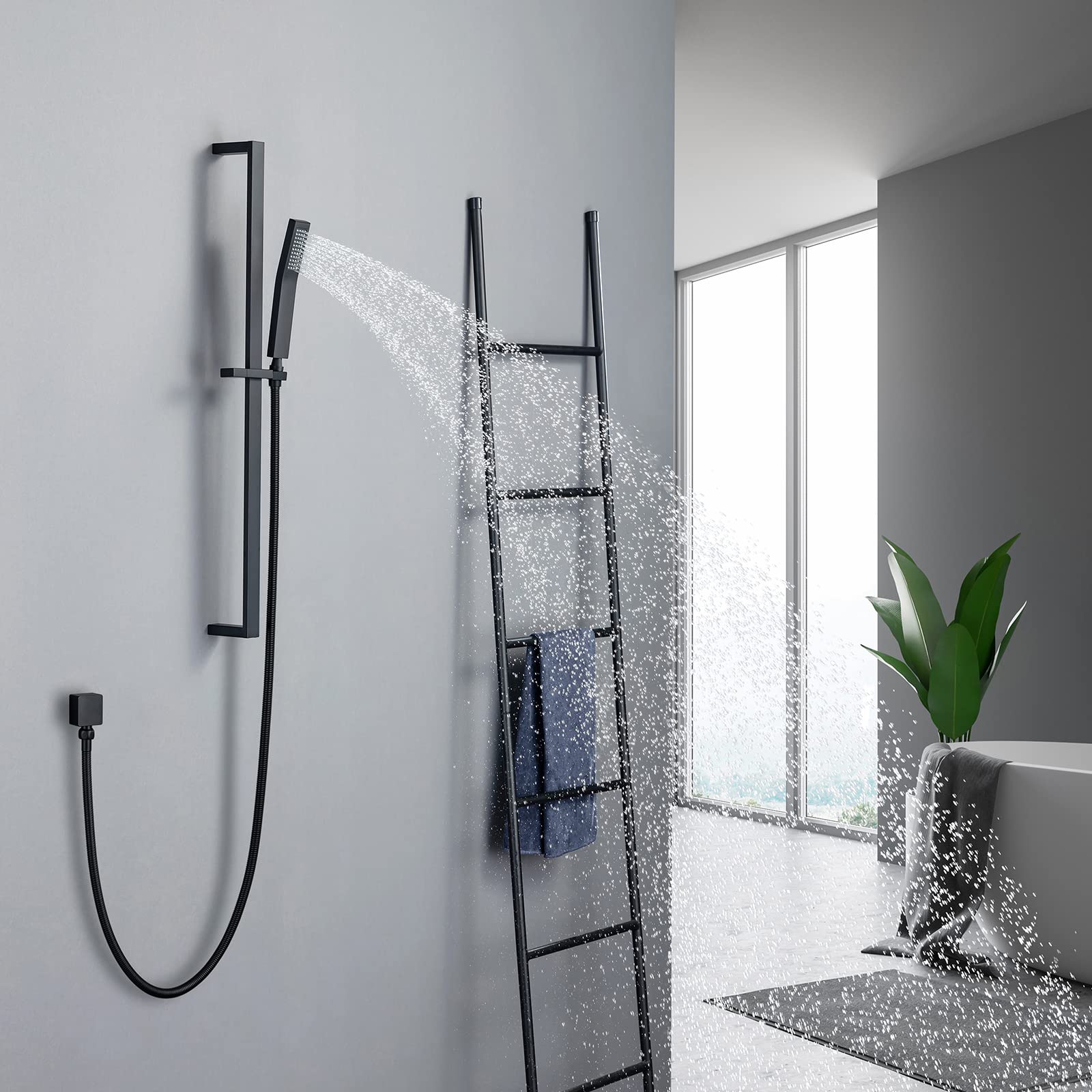 Premium Matte Black Brass Shower Slide Bar with Adjustable Height - Handheld Shower Wand Holder with Hose - Wall Mount Bathroom Accessory for Luxurious Spa Experience at Home
