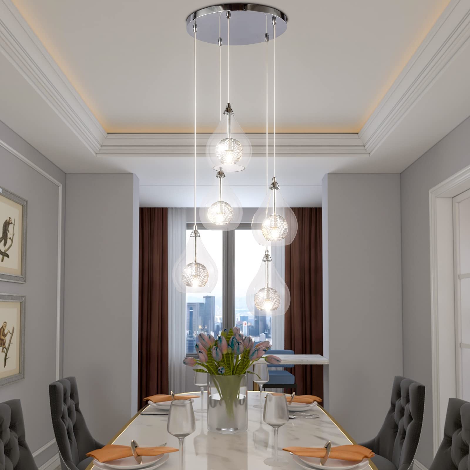 Maxax 5-Light Raindrop Glass Chandelier - Modern Clear Glass Shade Pendant Lighting Fixture - Adjustable Contemporary Ceiling Light for Kitchen, Dining Room, Living Room - Chrome Finish - Perfect for Home Decor, Wedding Venues & Restaurant Lighting