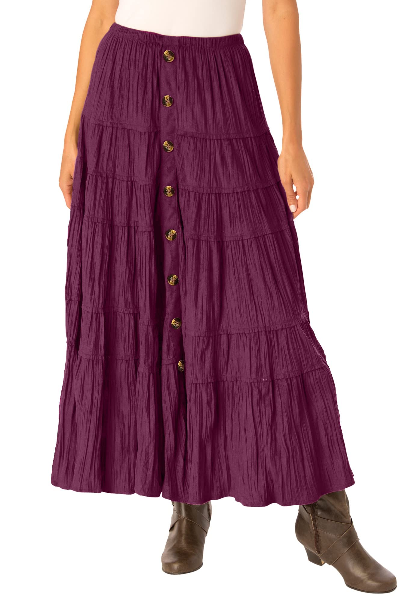 Woman Within Plus Size Button Front Moleskin Tiered Maxi Skirt for Women | Petite & Regular Sizes | Comfortable Stretch Fabric for Casual Wear, Office & Special Occasions