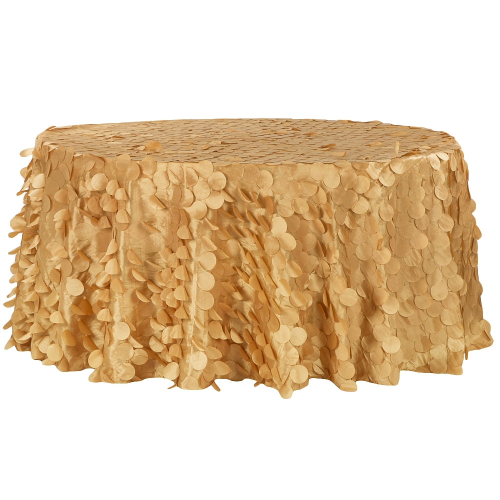 Elegant Gold Petal Circle Taffeta Round 120-Inch Tablecloth for Weddings, Banquets & Formal Dining Events