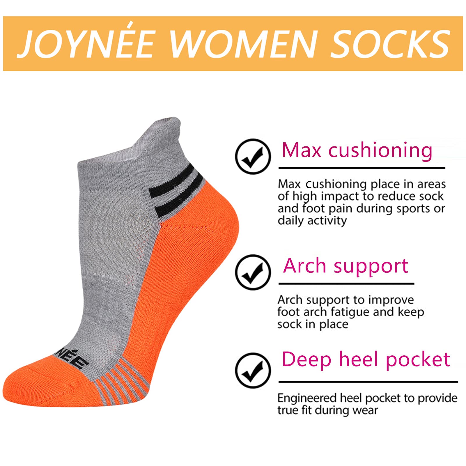 JOYNÉE Women's Ankle Cushioned Socks 6 Pack - Athletic Low Cut Running Socks with Heel Tab for Sports, Workout & Everyday Comfort