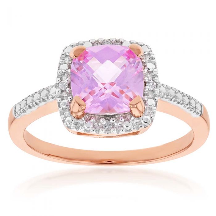 9ct Rose Gold Peach Sapphire & Diamond Cushion Cut Ring for Women - Elegant Engagement, Wedding, Anniversary Gift Idea