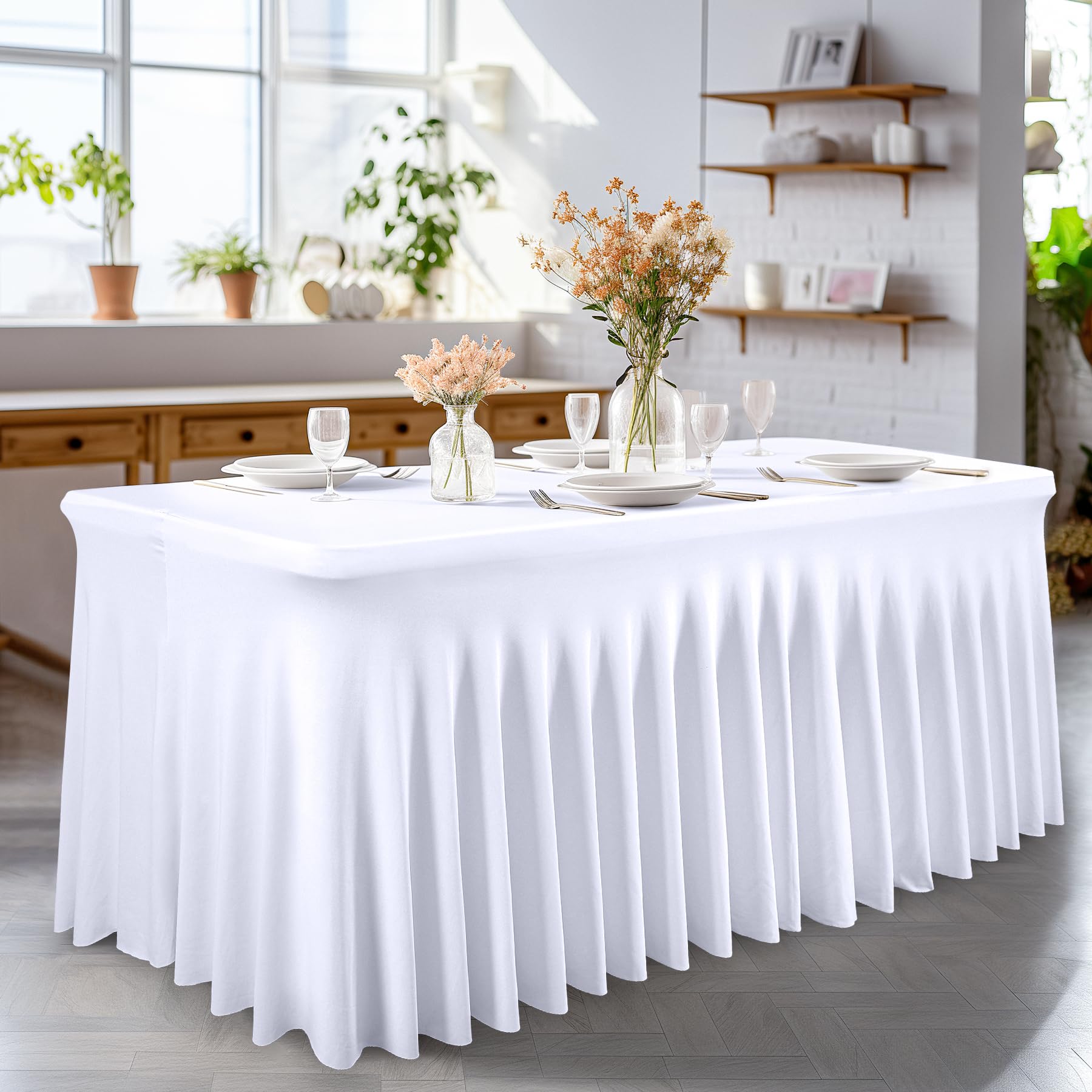PARTISKY 4ft White Spandex Table Skirt - Stretchable Table Cover for 4 Foot Rectangle Folding Tables - Perfect for Weddings, Banquets & Party Decorations