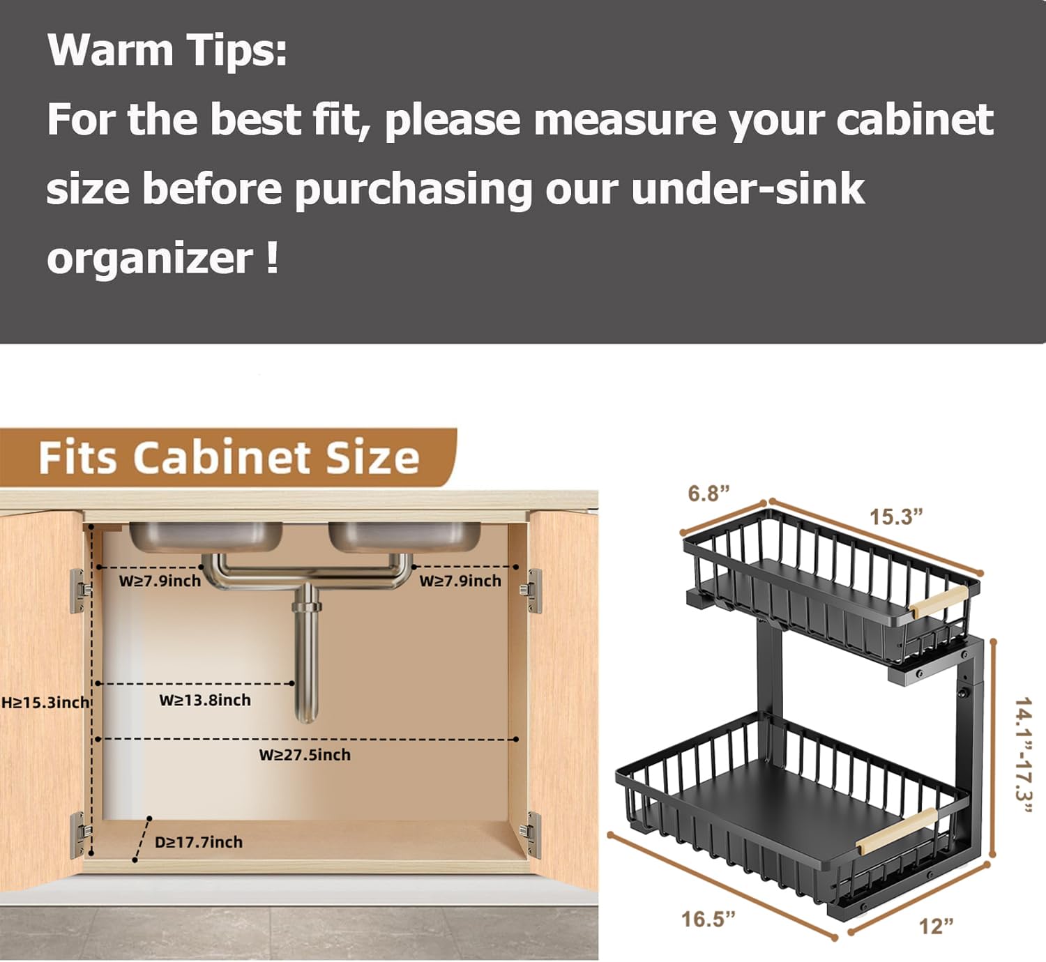 2 Pack Under Sink Organizer - Adjustable Height Metal Pull Out Cabinet Storage Shelves for Kitchen & Bathroom | Space Saving Under Sink Organizer for Cleaning Supplies, Sponges & Toiletries (Black)