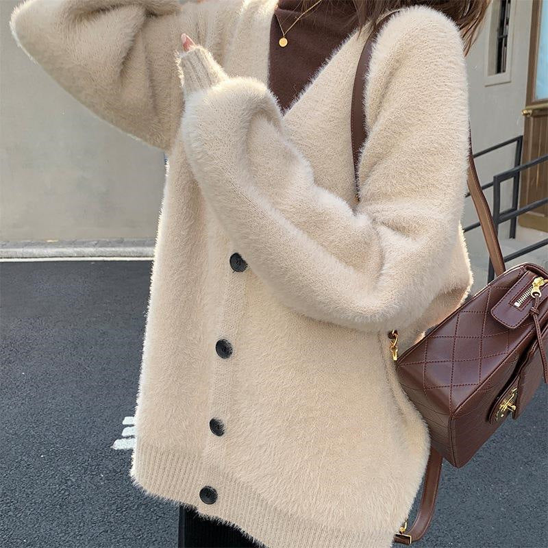 Cozy Winter Velvet Sweater Jacket for Women - Loose Fit V-Neck Knit Cardigan | Perfect for Casual Outfits & Lounge Wear