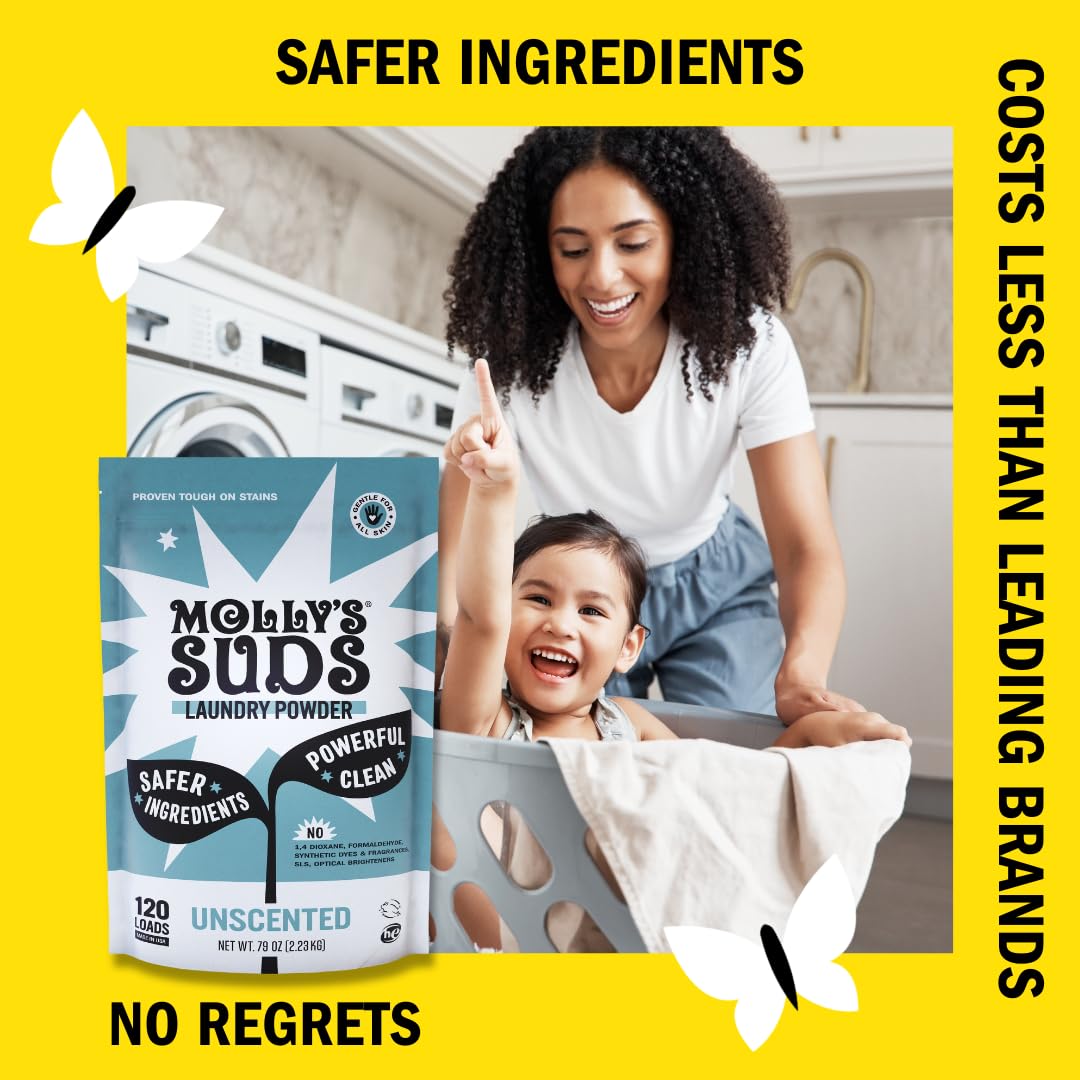Molly's Suds Original Laundry Detergent Powder - Hypoallergenic & Eco-Friendly for Sensitive Skin | Plant-Based Stain Remover | 240 Loads Unscented | Perfect for Baby Clothes, Allergies & Sustainable Living