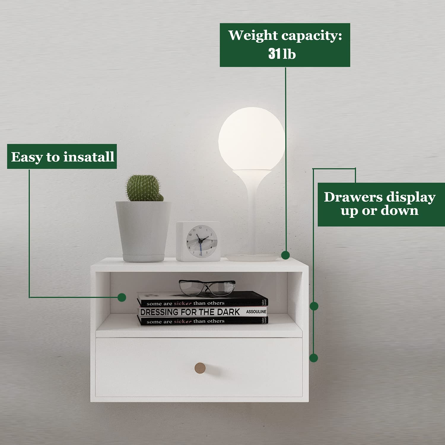 Modern Floating Nightstand with Drawer - White Wall Mounted Shelf for Bedroom & Living Room - Space Saving Storage Solution for Small Spaces