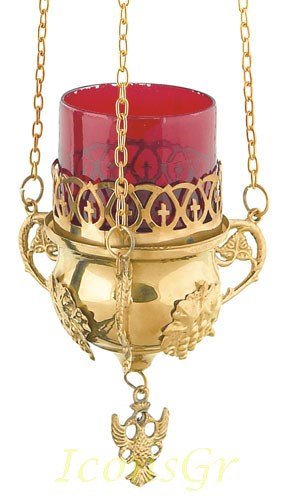 Gold Plated Orthodox Greek Christian Bronze Hanging Votive Oil Lamp with Chain & Red Glass - 9768g - Perfect for Church Altars, Home Prayer Spaces & Religious Ceremonies