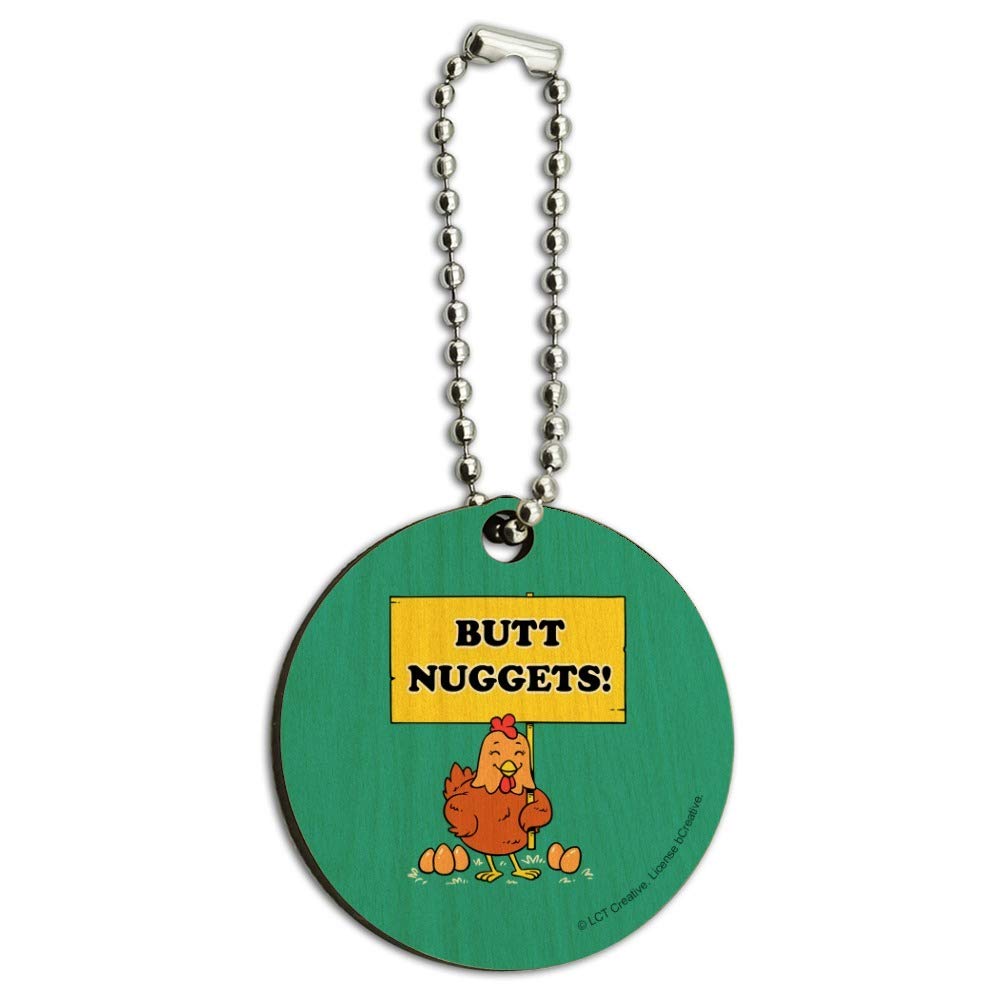 Funny Chicken Eggs Butt Nuggets Wooden Keychain - Humorous Graphic Design Key Ring for Gifts, Parties & Everyday Carry