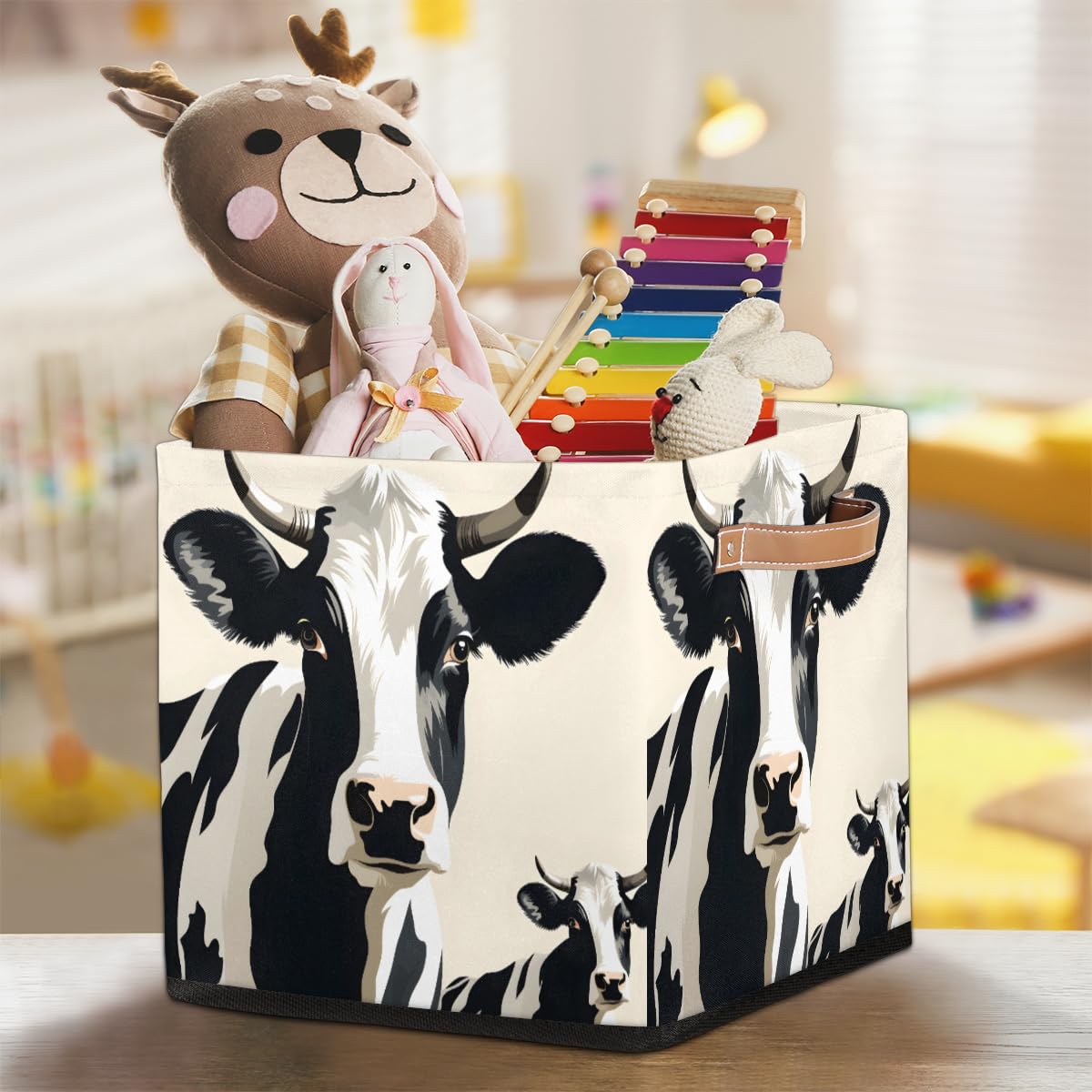 13 Inch Cute Cow Fabric Storage Bins with Leather Handles - Foldable Closet Organizer Baskets for Bedroom, Living Room & Shelves | Perfect for Kids' Room, Nursery, and Home Organization