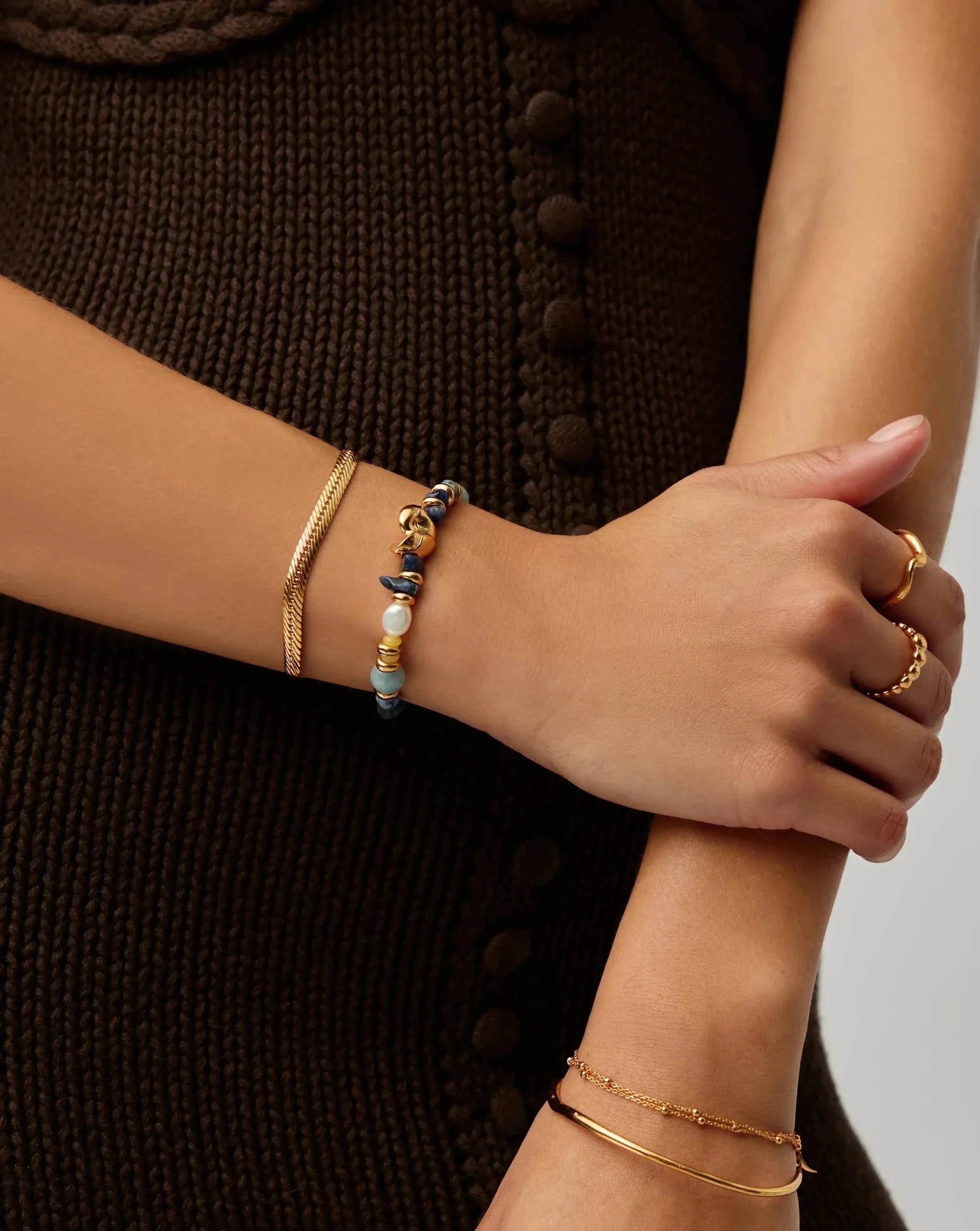 Shell Statement Multi Beaded Bracelet - 18k Gold Plated with Genuine Gemstones | Elegant Stackable Jewelry for Women, Perfect for Beach Weddings & Boho Fashion