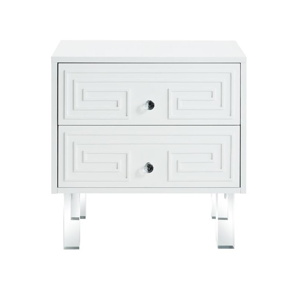 White Melanie 2-Drawer Nightstand with Clear Lucite Legs - Modern Bedside Table for Bedroom, Living Room & Guest Room
