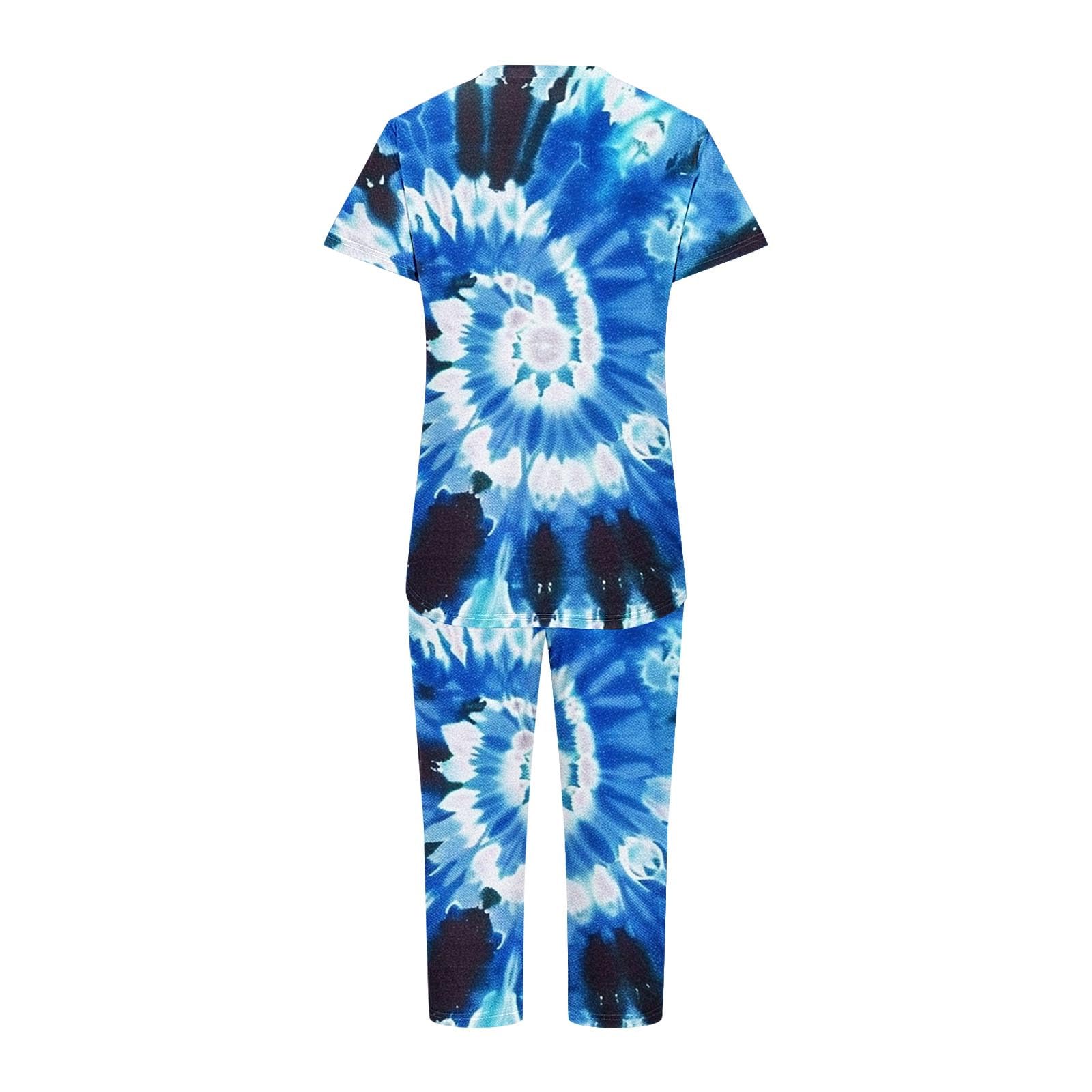 Women's Boho Lounge Sets - Tie Dye Short Sleeve Sleepshirt & Capri Pants 2-Piece Pajama Set with Pockets | Comfortable Sleepwear for Relaxing at Home, Travel & Lounging