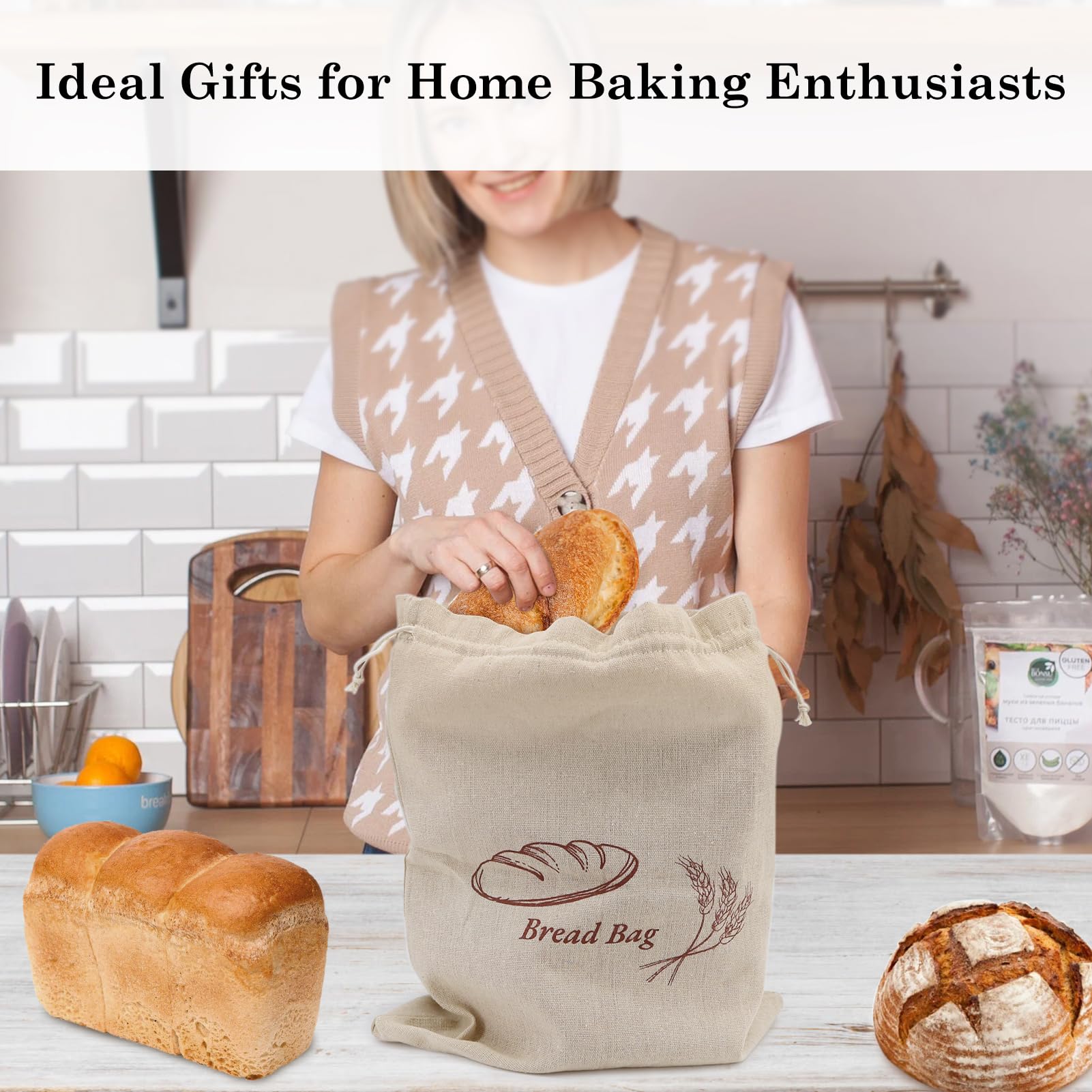 2-Pack Reusable Linen Bread Bags for Homemade Sourdough | Durable Bread Storage with Plastic Liner | Perfect Gift for Home Bakers (12