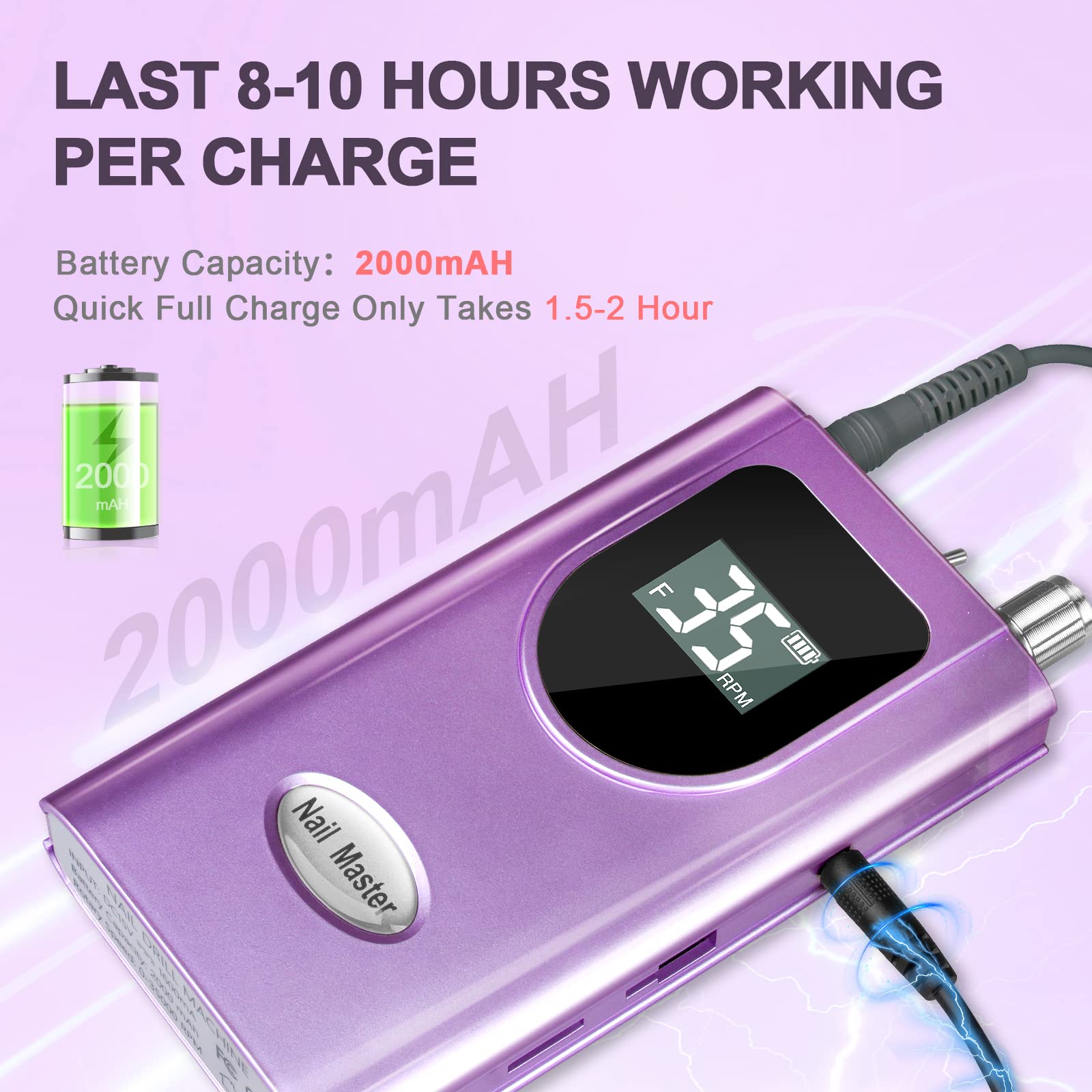 HoMove 35000RPM Professional Cordless Nail Drill Machine - Rechargeable Electric Efile for Acrylic & Gel Nails, Portable Manicure Pedicure Tool with LED Light (Purple) | Perfect for Salon Professionals & Home Nail Care