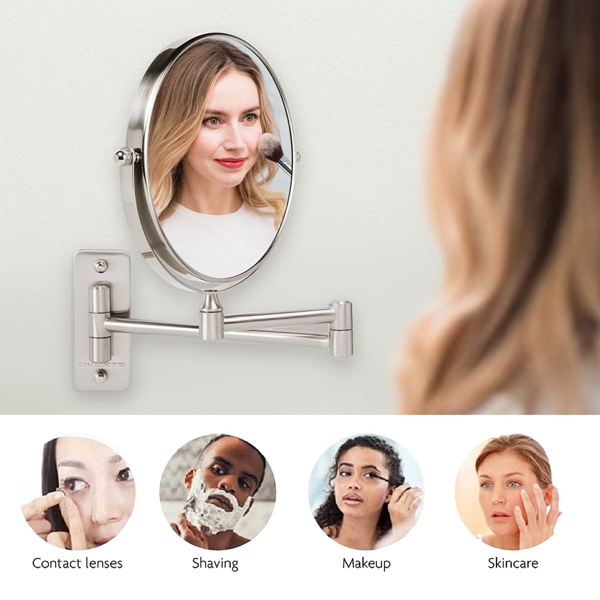 OVENTE 7-Inch Wall Mounted Makeup Mirror with 1X/10X Magnification - Double Sided Round Bathroom Vanity Mirror, 360° Swivel & Extendable Folding Arm in Brushed Nickel (MNLFW70BR1X10X) - Perfect for Makeup Application, Skincare Routine & Shaving in Small Bathrooms