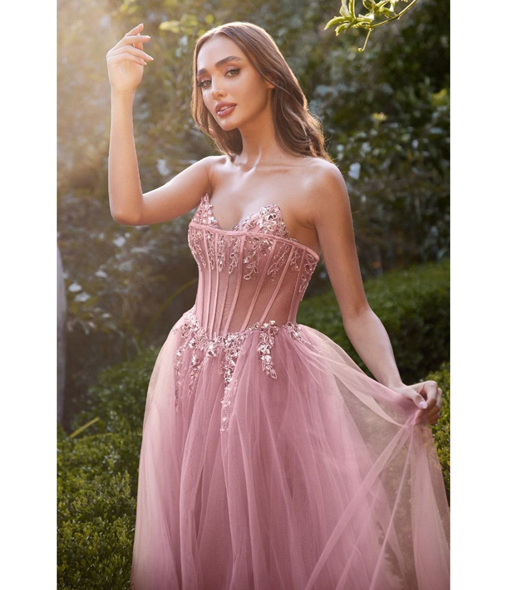 Ladivine by Cinderella Divine Rose Illusion Corset Strapless Evening Dress - Elegant Prom, Wedding, Pageant Gown for Women | Perfect for Formal Events, Red Carpet & Special Occasions