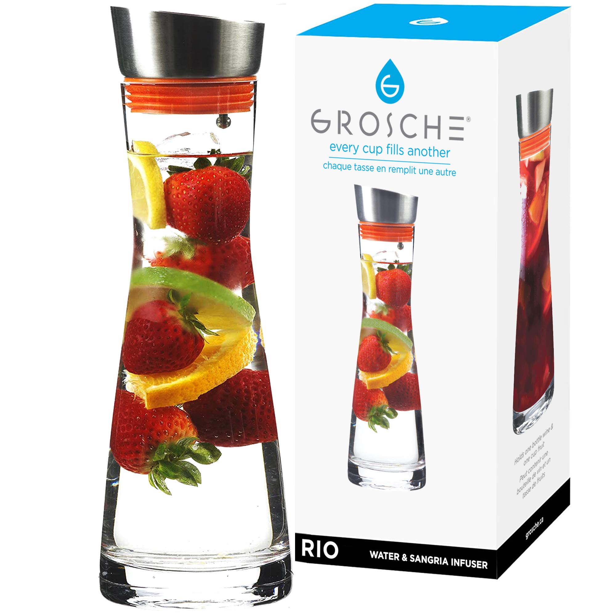 Grosche Rio - 1000ml (32 Oz) Glass Pitcher with Lid - Clear Juice & Infused Water Pitcher - BPA-Free Drink Dispenser for Lemonade, Iced Tea & Fruit Infusions - Perfect for Parties, Kitchen & Dining