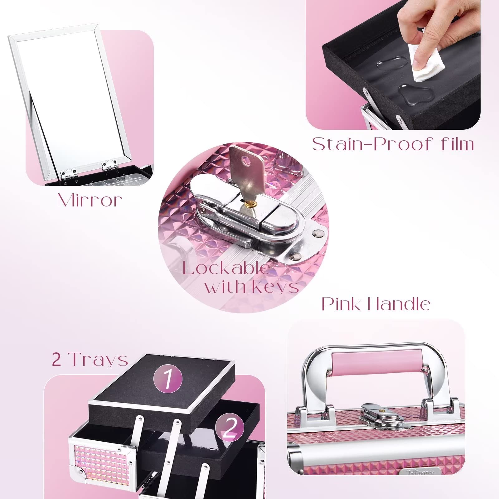 Professional Makeup Train Case with Mirror & Lock - Portable Cosmetic Organizer Box for Cosmetologists, Aestheticians & Nail Techs - 2-Tier Storage with Travel Handle - Mermaid Pink - Perfect for Salon, Travel & Makeup Artist Kits