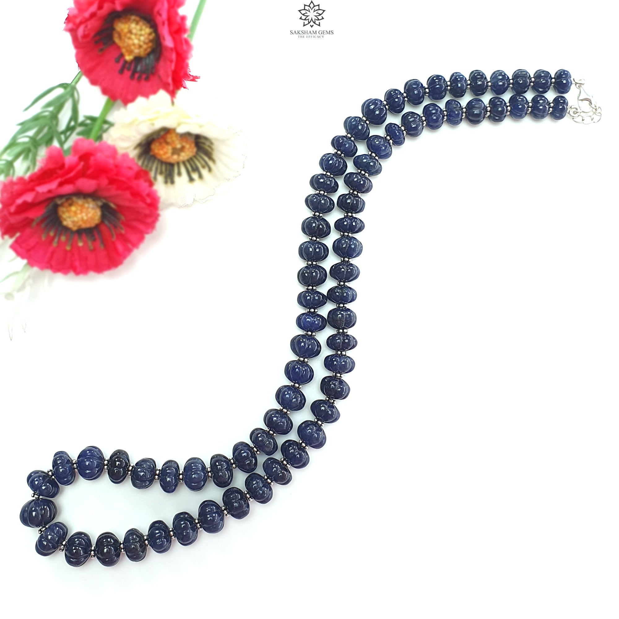 Natural Blue Sapphire Gemstone Necklace - 381.30cts Hand-Carved Rondelle Melon Beads (8mm, 10mm, 20mm) in 925 Sterling Silver | Elegant Jewelry for Weddings, Parties & Special Occasions