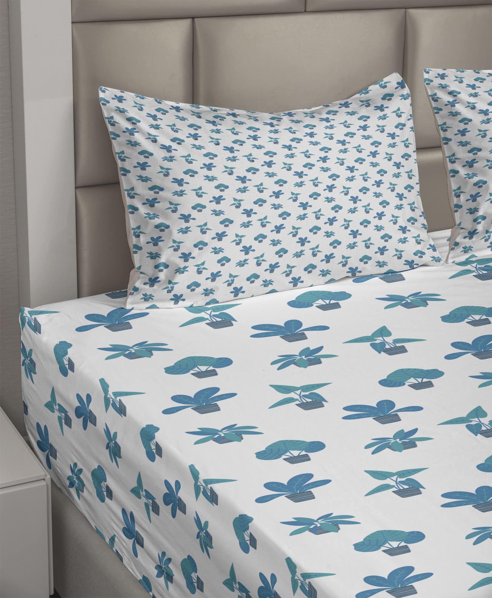 Ambesonne Floral King Size 4-Piece Sheet Set - Repeating Botanical Plants Design on Plain Background, Fitted & Flat Sheets with Pillowcases, Sea Blue & Dark Turquoise - Perfect for Master Bedroom, Guest Room & Vacation Home Decor