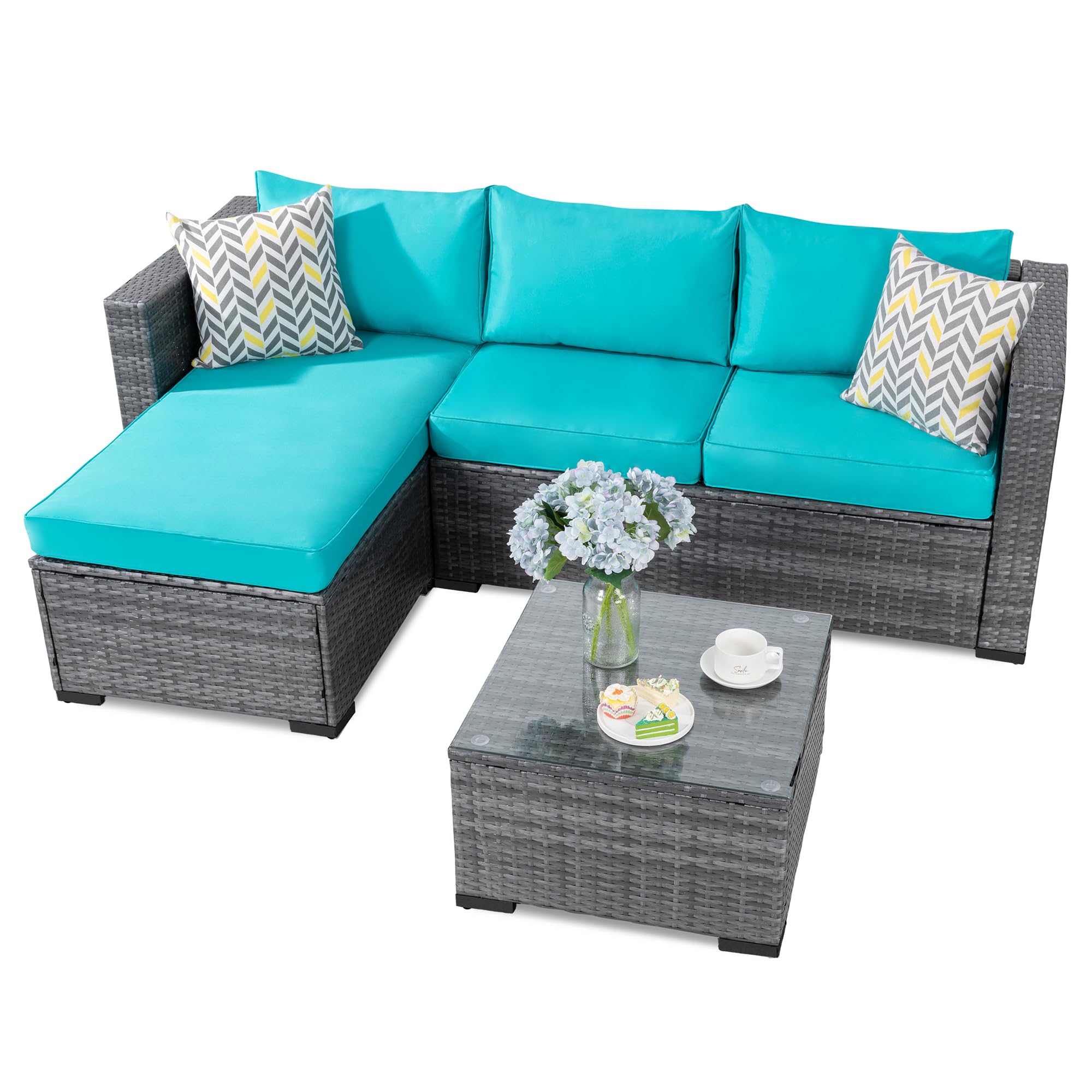 **JAMFLY 3-Piece All-Weather Wicker Patio Furniture Set - Outdoor Sectional Sofa with Coffee Table & Cushions, Sky Blue - Perfect for Backyard, Garden, Poolside & Patio Relaxation**