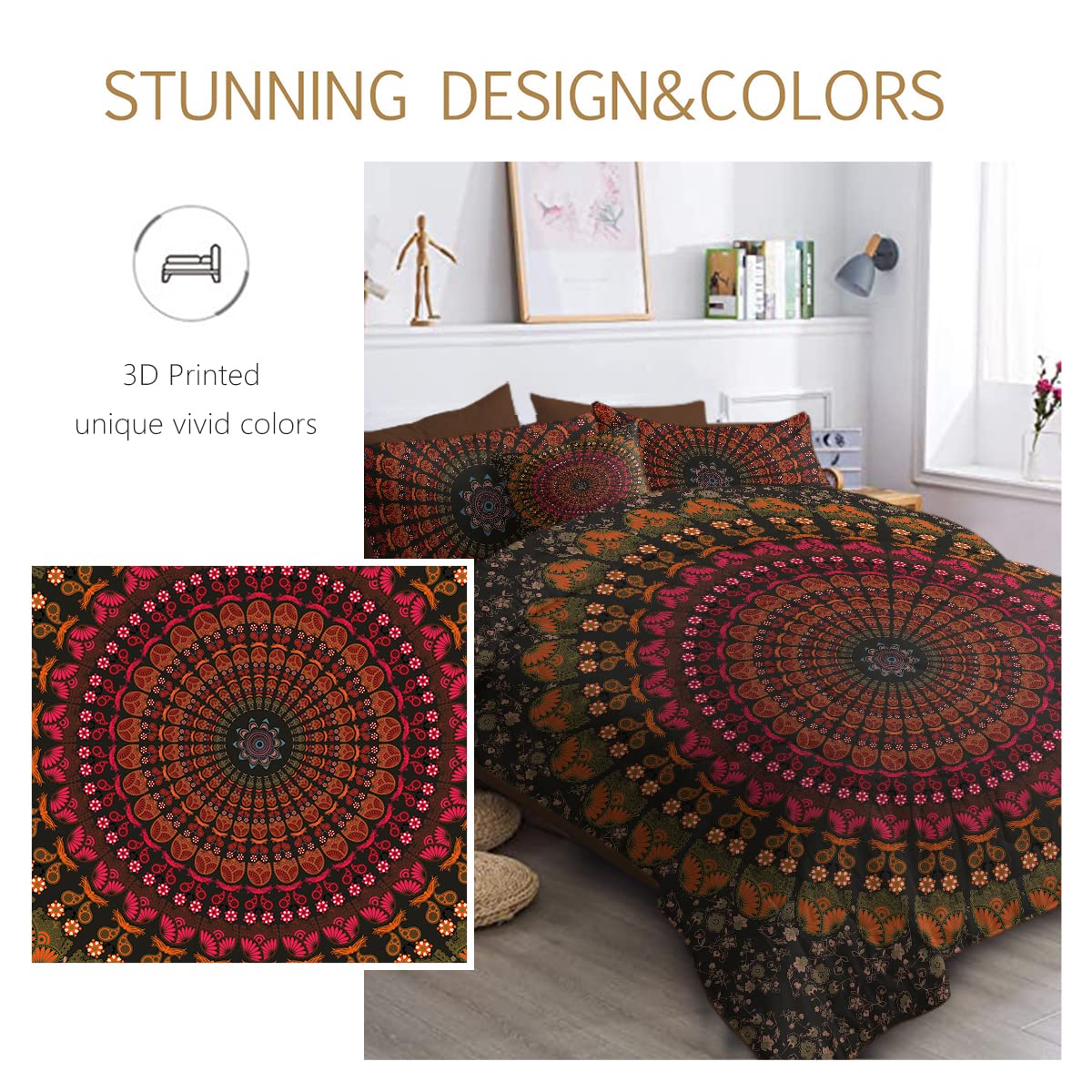 BlessLiving 8-Piece Bohemian Mandala Comforter Set - King Size Bed-in-A-Bag with Comforter, Sheets & Pillow Shams - Red Boho Hippie Bedding for Cozy Bedroom Decor & Guest Room Styling