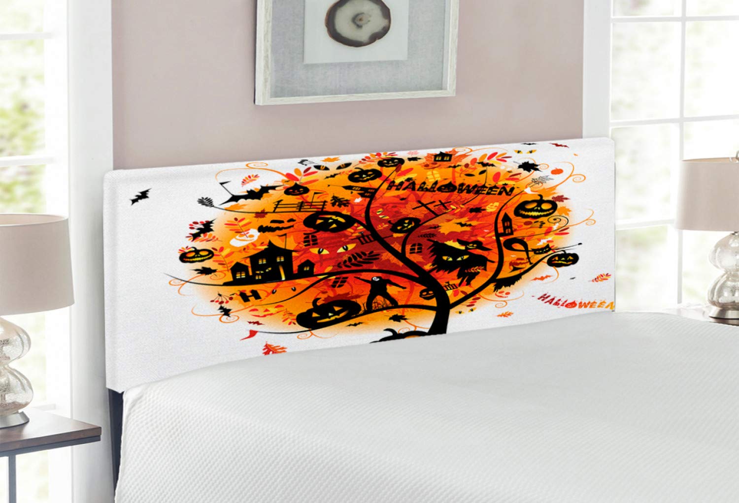 Lunarable Halloween Headboard - Distressed Horror Tree with Skull & Devil Design, Upholstered Metal Bed Headboard with Memory Foam (Full Size, Orange & Black) - Perfect for Spooky Bedroom Decor & Holiday Themed Rooms