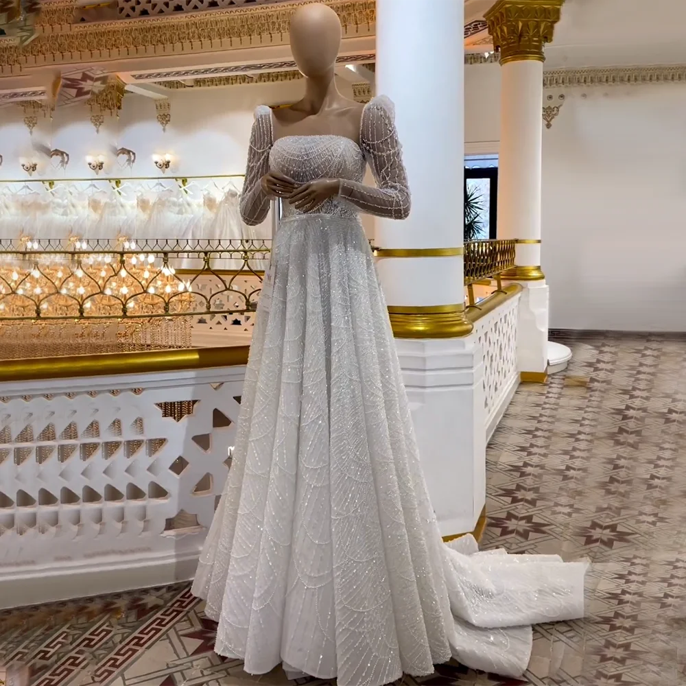 Elegant Dubai White A-Line Luxury Evening Dress with Pearl Beading - Long Sleeve Women's Gown for Weddings, Parties & Special Occasions | Perfect for Bridal Showers, Galas & Formal Events