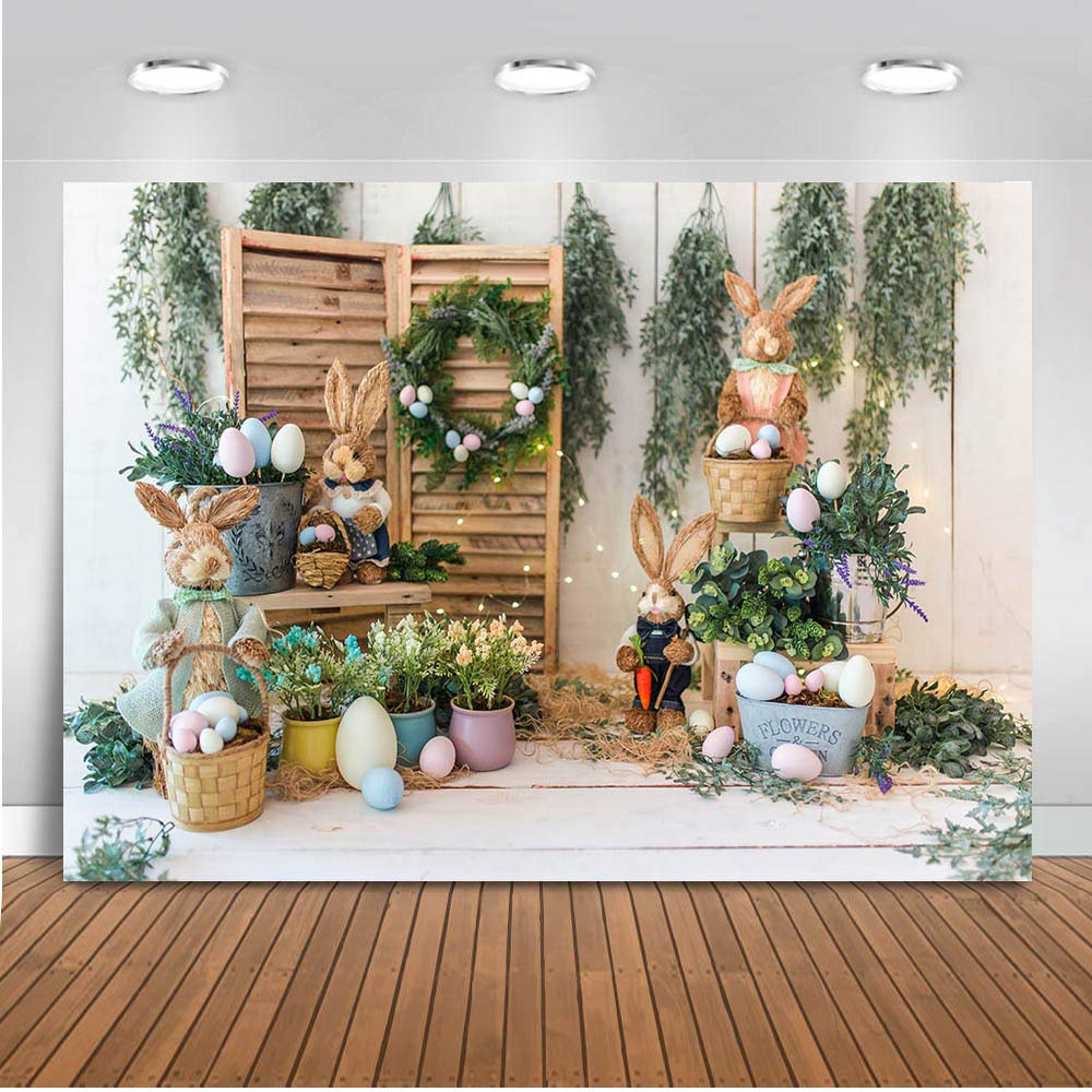 Easter Backdrop Spring Bunny Decorations - 8x6ft Happy Easter Party Photo Background for Newborn Kids Portrait, Birthday Photography, Easter Egg Wreath Decor - Perfect for Easter Celebrations, Spring Parties & Family Gatherings
