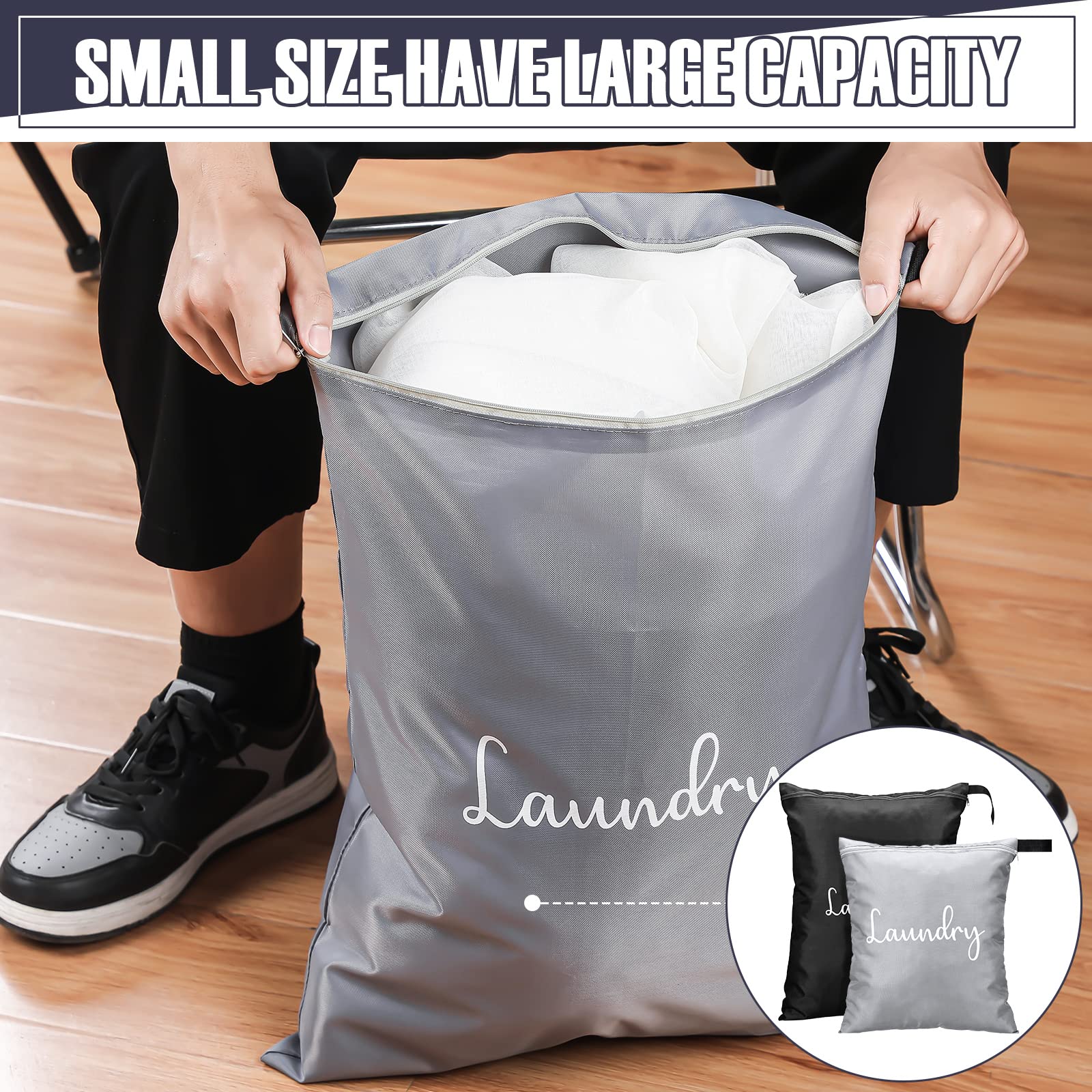 4 Pack Waterproof Laundry Bags for Travel - Reusable Wet/Dirty Clothes Organizer (12x14 & 17x22 Inch) - Machine Washable Storage Hamper for Camping, Gym, Dorm & Vacation - Gray & Black Travel Accessories