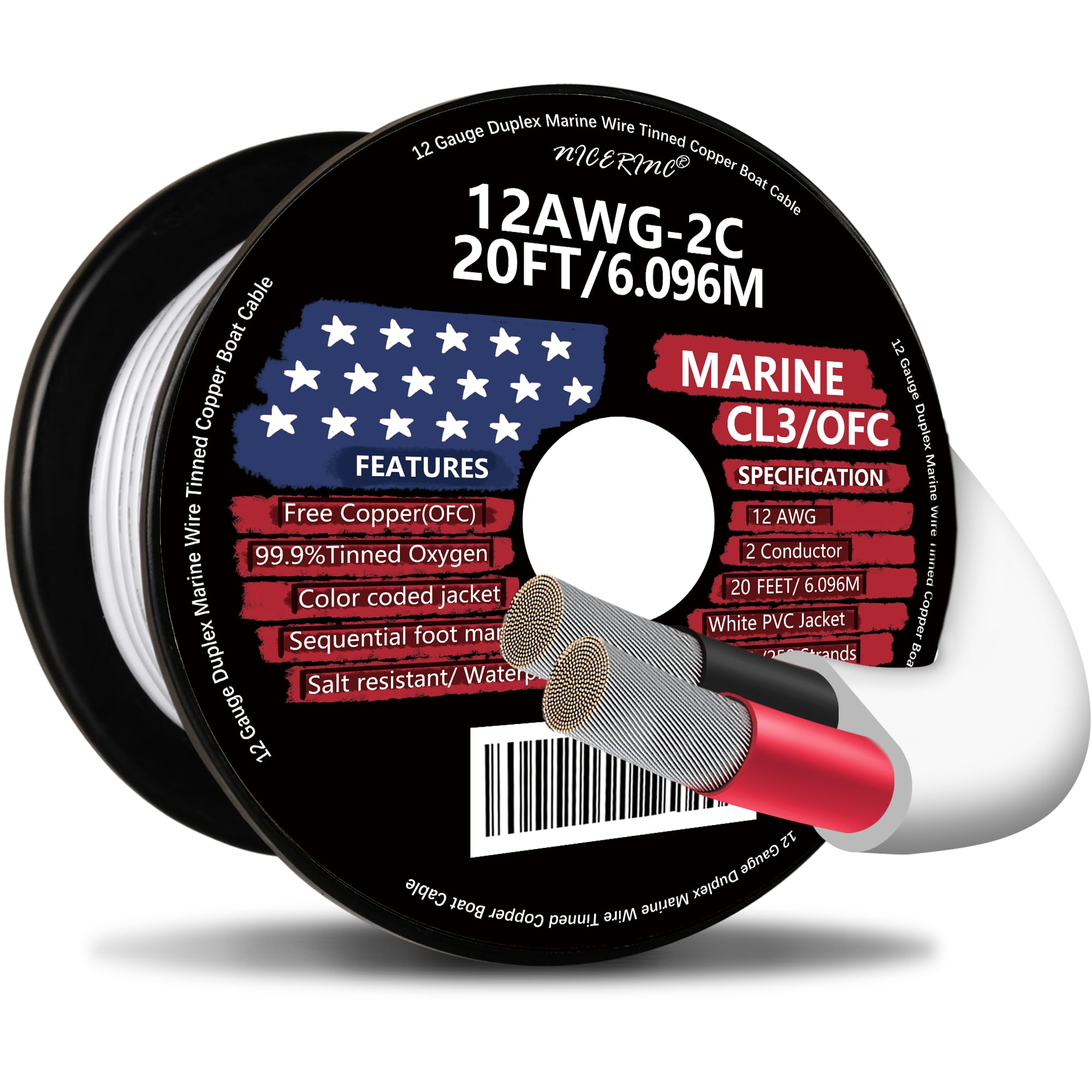 12 Gauge Duplex Marine Wire Tinned Copper Boat Cable - 20ft 12 AWG OFC Oxygen Free Copper Wire for Outdoors, Automotive, Boat, Speakers, Solar, RV, Camper, Trailer - Ideal for Marine Electronics and Harsh Weather Conditions