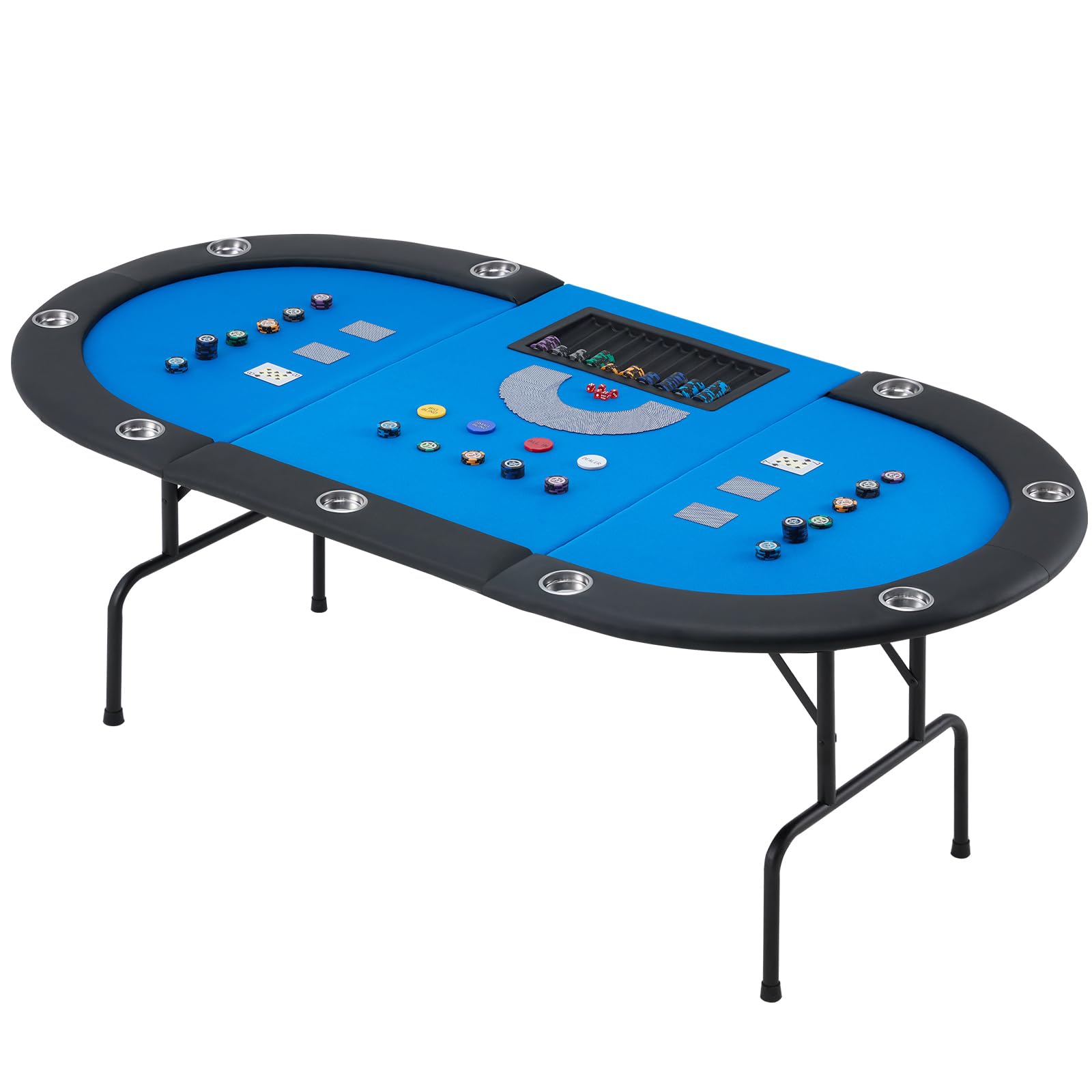 Premium ECOTOUGE Poker Table with Stainless Steel Cup Holders - Professional Texas Hold'em Casino Game Table with Sturdy Legs (Blue, Oval) for Home Game Nights, Poker Parties & Casino-Themed Events