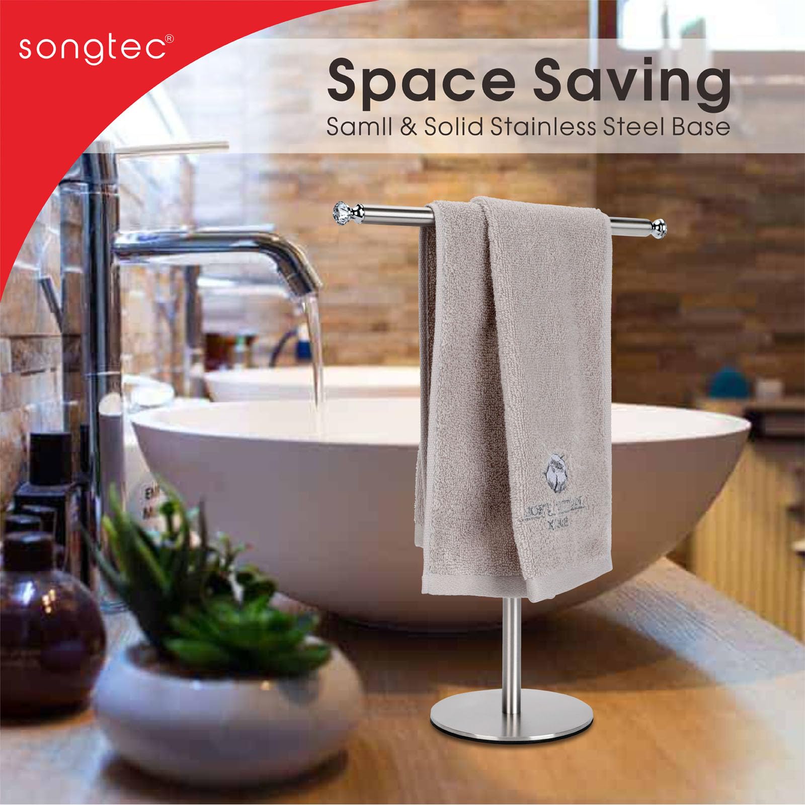 Songtec Hand Towel Holder Stand with Crystal Knobs - Rustproof Fingertip Towel Rack & Jewelry Display Stand in Brushed Nickel Finish - Perfect for Bathroom, Kitchen, and Vanity Organization