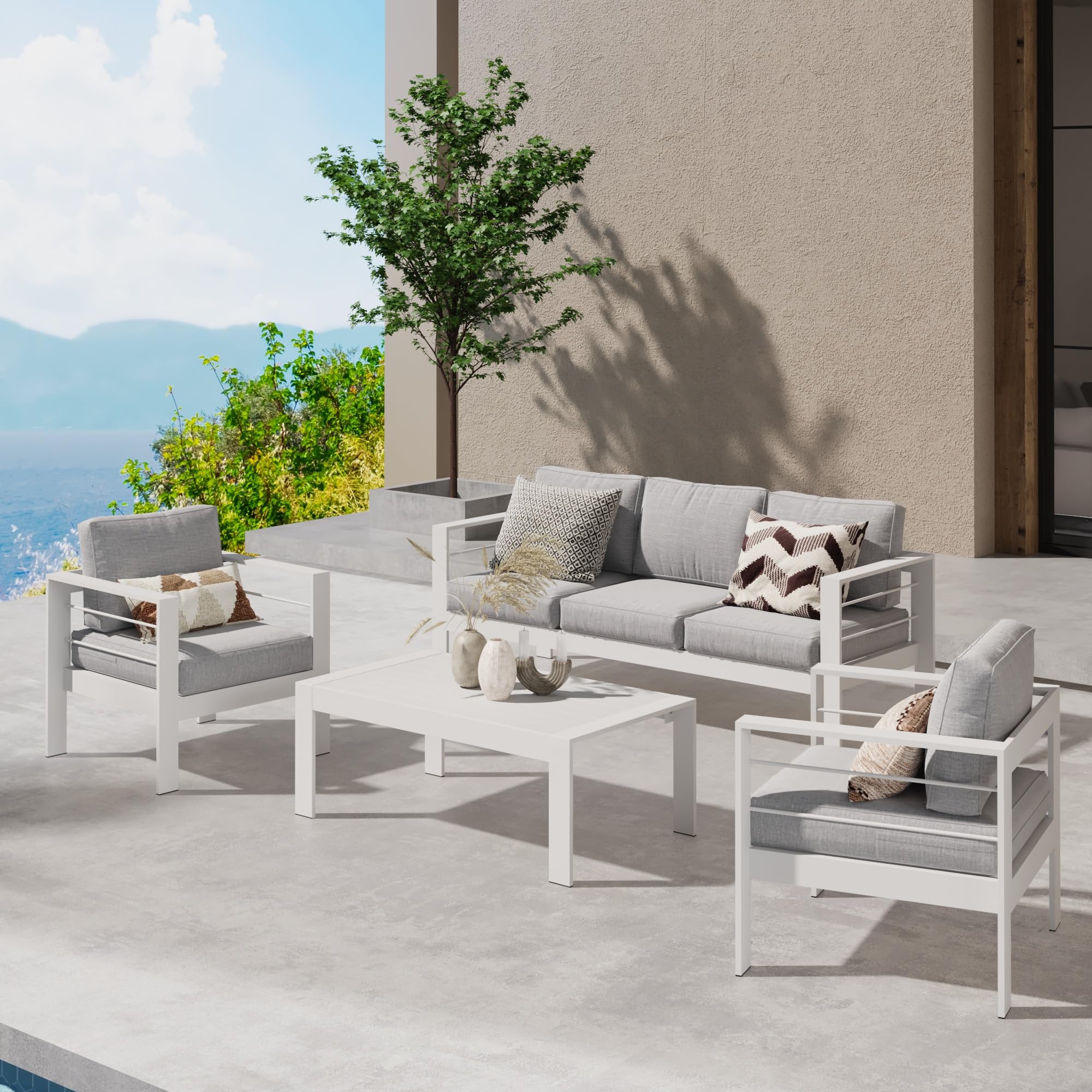 Wisteria Lane Aluminum Outdoor Patio Furniture Set - Modern 5-Piece Metal Sectional Sofa with 5-Inch Cushions & Coffee Table - Light Grey Balcony & Garden Conversation Set for Backyard, Poolside & Outdoor Entertaining