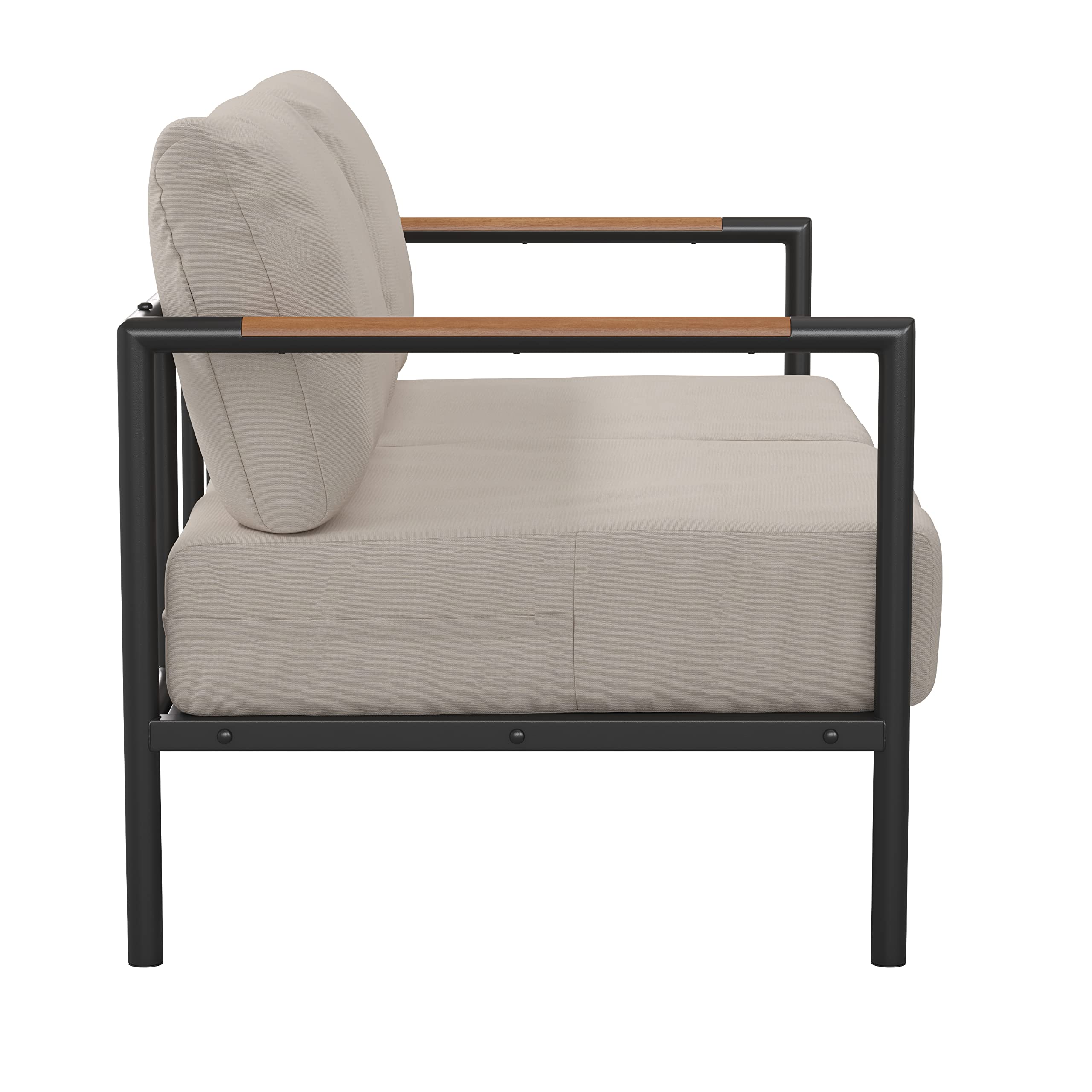 Merrick Lane Eastport Outdoor Loveseat with Removable Beige Fabric Cushions & Black Teak Accented Aluminum Frame - Perfect for Patio, Garden, Poolside or Deck Relaxation