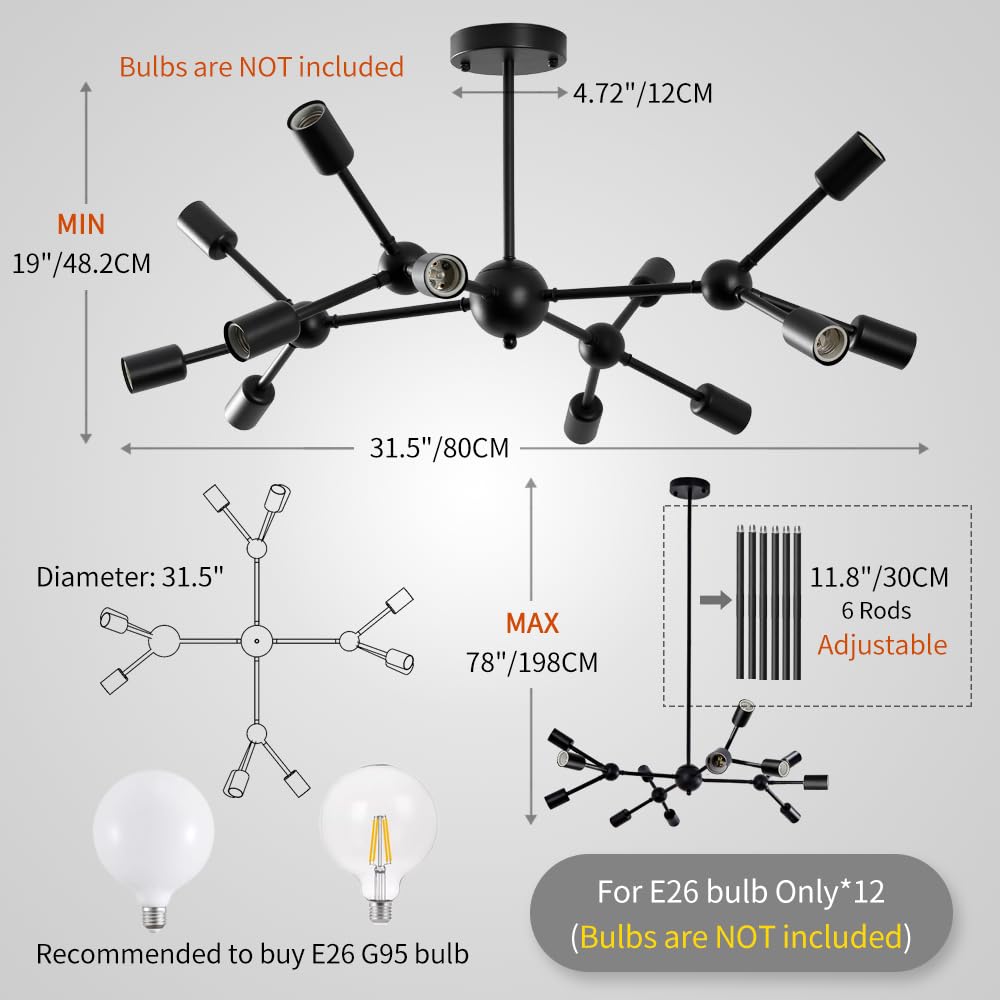 Modern Black Sputnik Chandelier - 12-Light Metal Ceiling Fixture with Pendant Lighting for Bedroom, Living Room, Dining Room | Stylish Mid-Century Lighting for Home & Office Decor