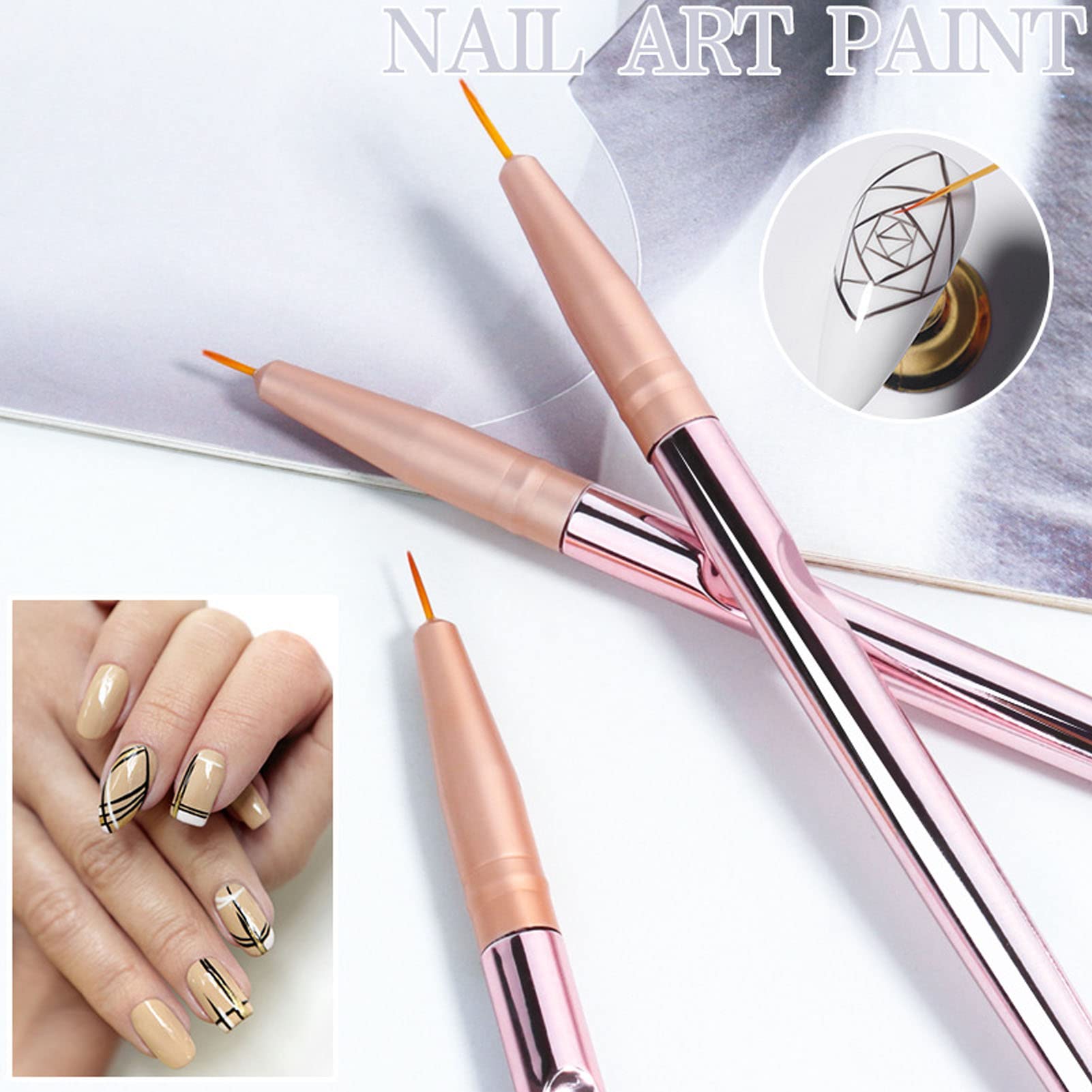 Professional Nail Art Liner Brushes Set - 3PCS Rose Gold Metal Barrel Nylon Bristle Detail Brushes with Lid for Precise Nail Painting & Drawing | Perfect for Home Salon, DIY Manicure & Nail Art Design