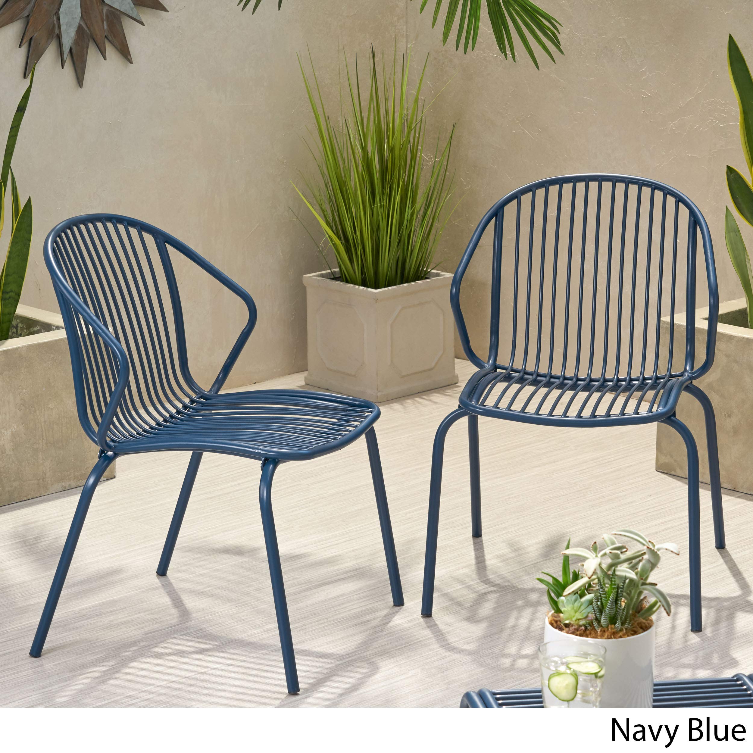 Modern Outdoor Iron Club Chairs (Set of 2) - Navy Blue Patio Furniture for Garden, Poolside & Backyard Relaxation - Weather-Resistant & Comfortable Seating