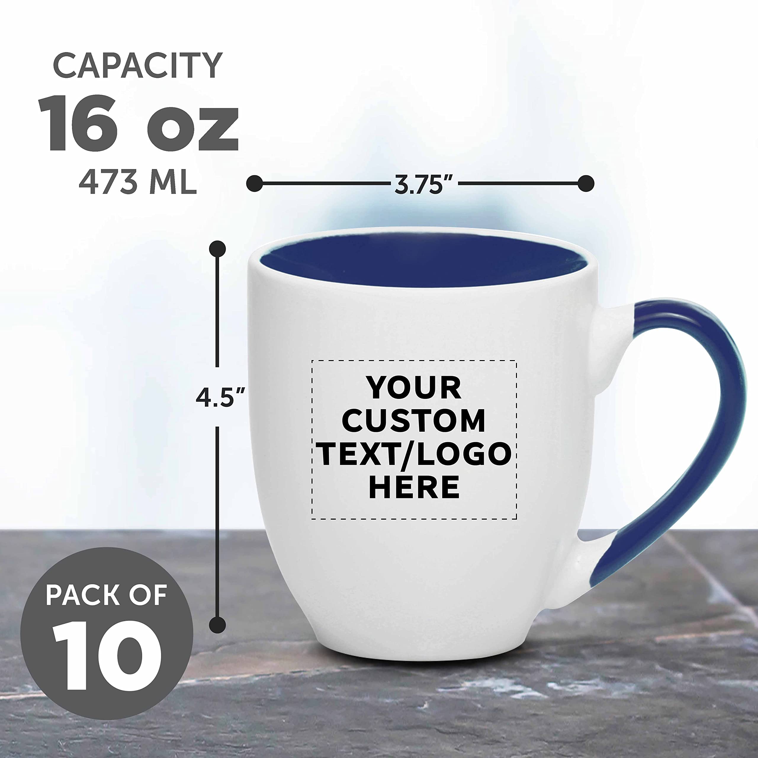 Custom Bistro Style 16 oz Large Coffee Mugs - Set of 10 Bulk Pack for Coffee, Tea, Espresso & Hot Cocoa - Personalized Cobalt Blue Drinkware - Perfect for Restaurants, Cafes & Home Use