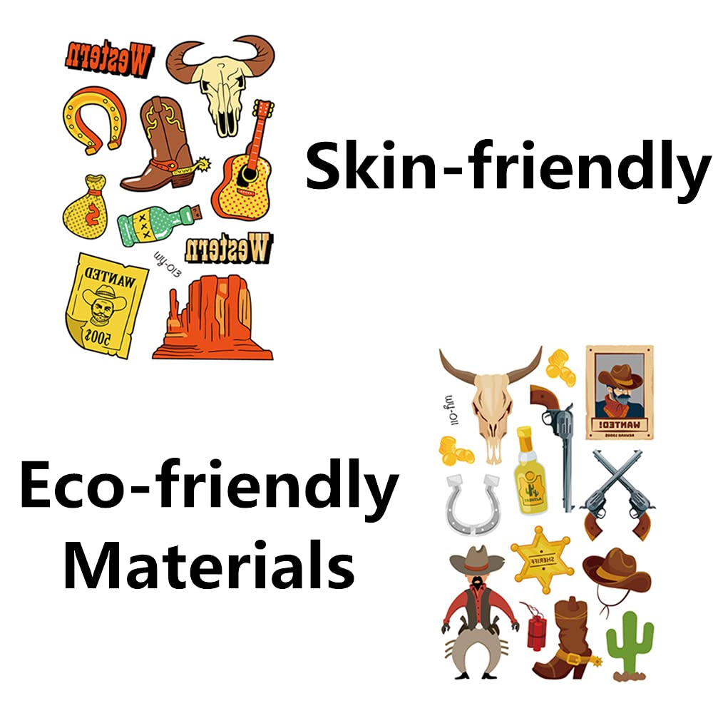 6 Pcs Western Cowboy Temporary Tattoos - Cartoon Cowboy Tattoo Stickers for Rodeo Party, Birthday, Cowboy Theme Party - Perfect for Western Costumes, Halloween, and Wild West Events